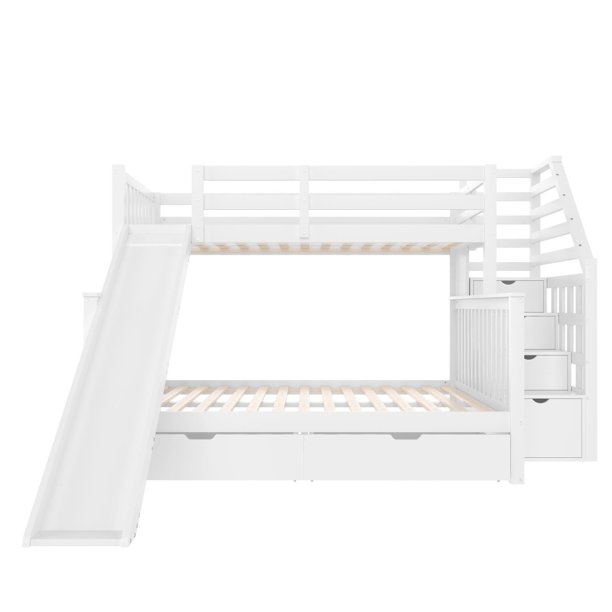 Bunk Bed 90x200 over 140x200 with Drawers Storage and Slide - White