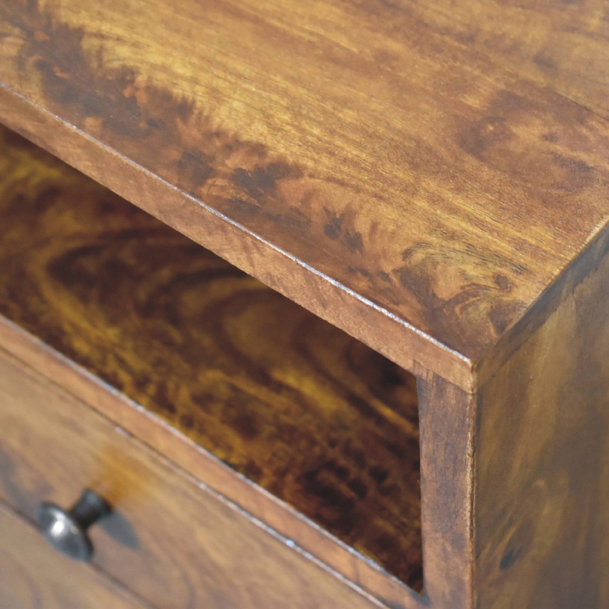 Solid Wood Bedside, 2 Drawers and Open Slot, Dark Brown