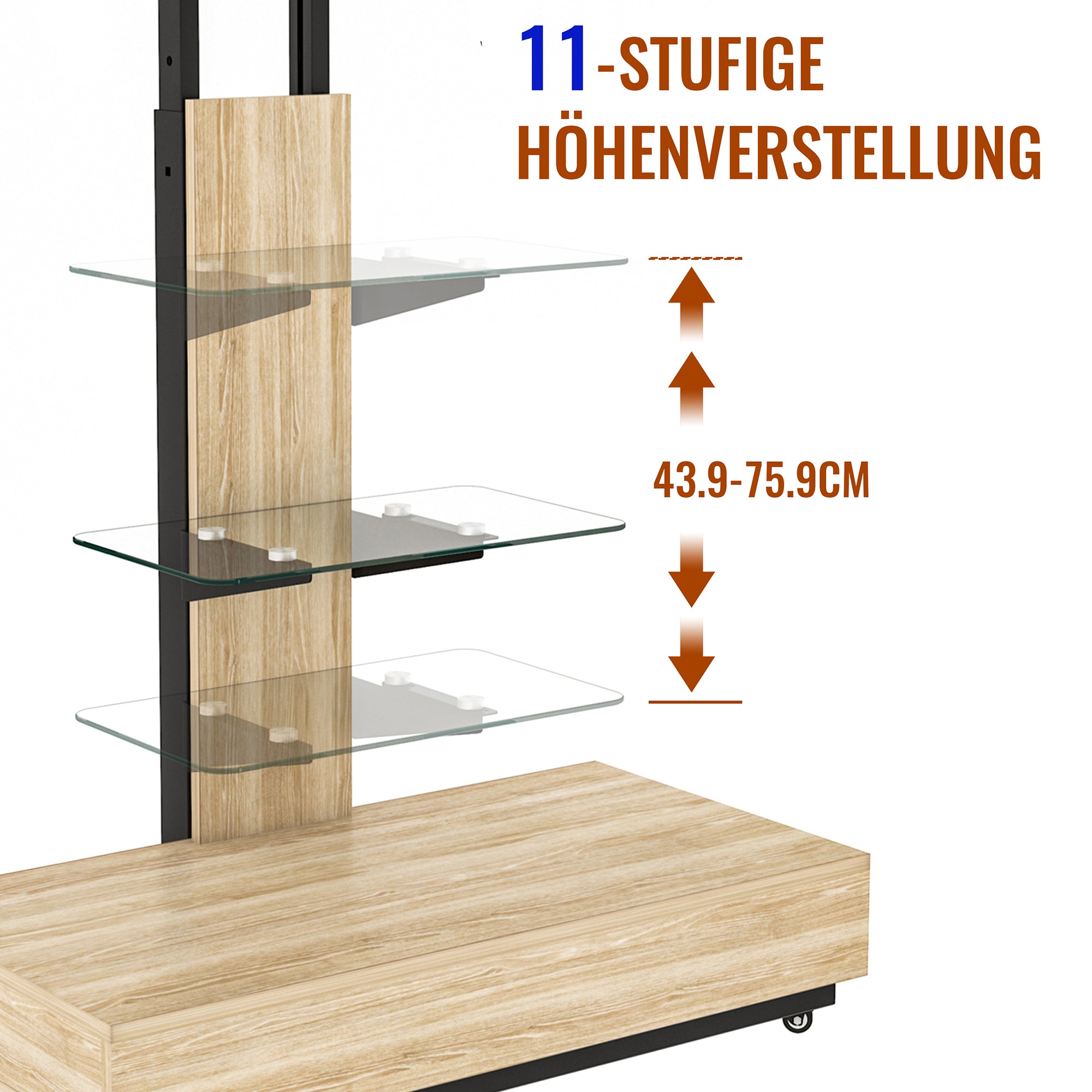 Mobile TV Cart - Height Adjustable Drawers for 32-75 Inch TVs - Natural Finish