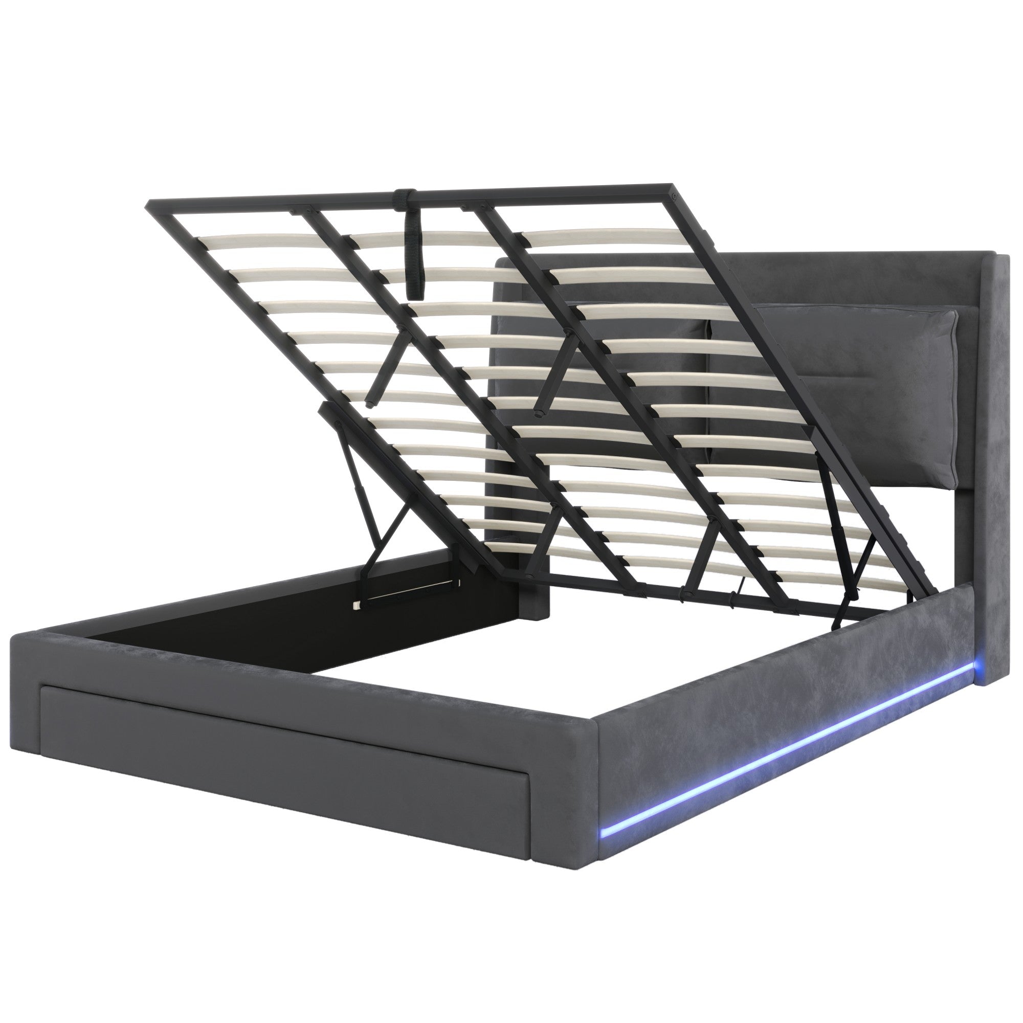 Upholstered Bed 180x200cm Hydraulic Storage LED Light Drawers - Velvet Dark Grey