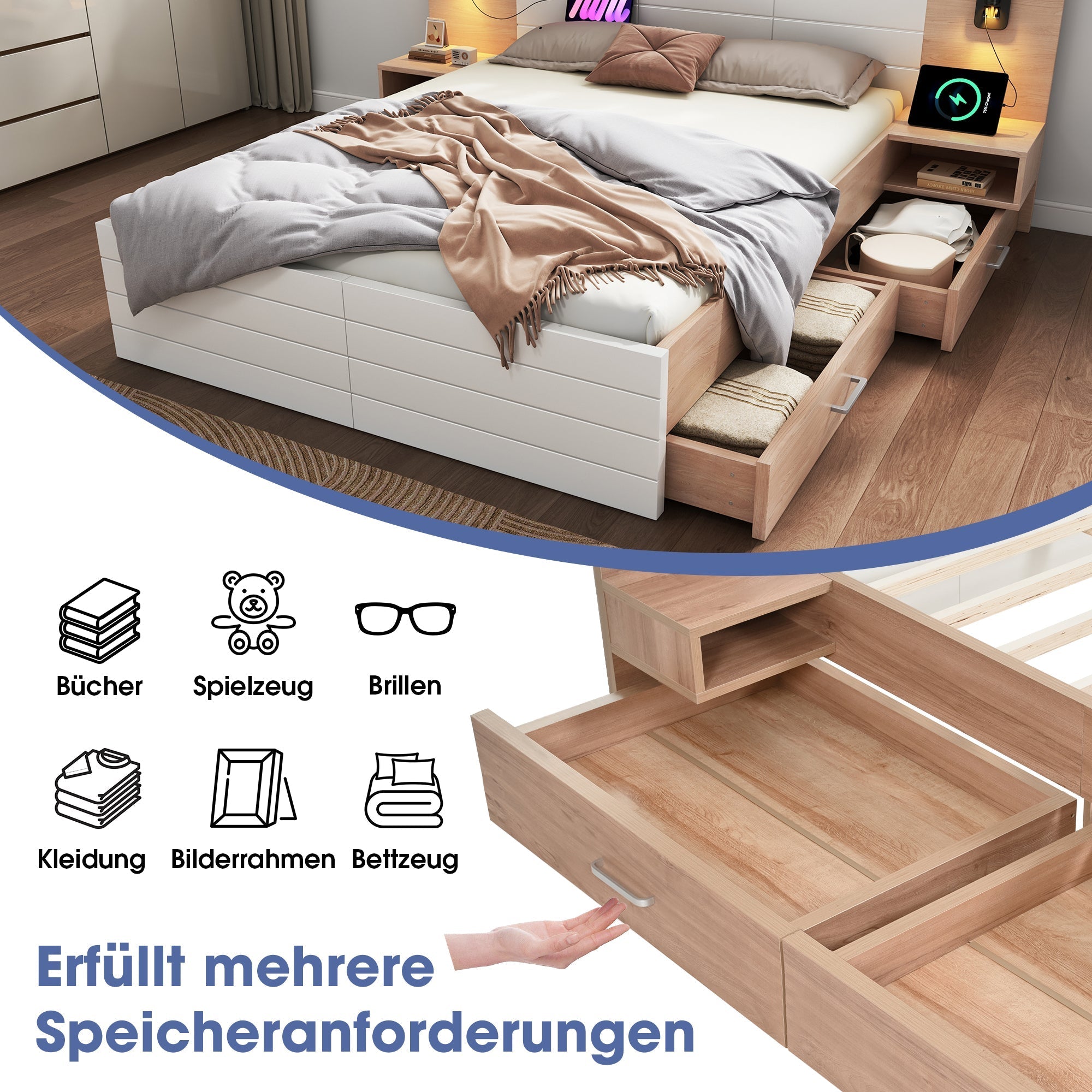 Double Bed 140x200cm, 2 Drawers, USB Reading Light, 2 Bedside Tables, Oak/White Wood