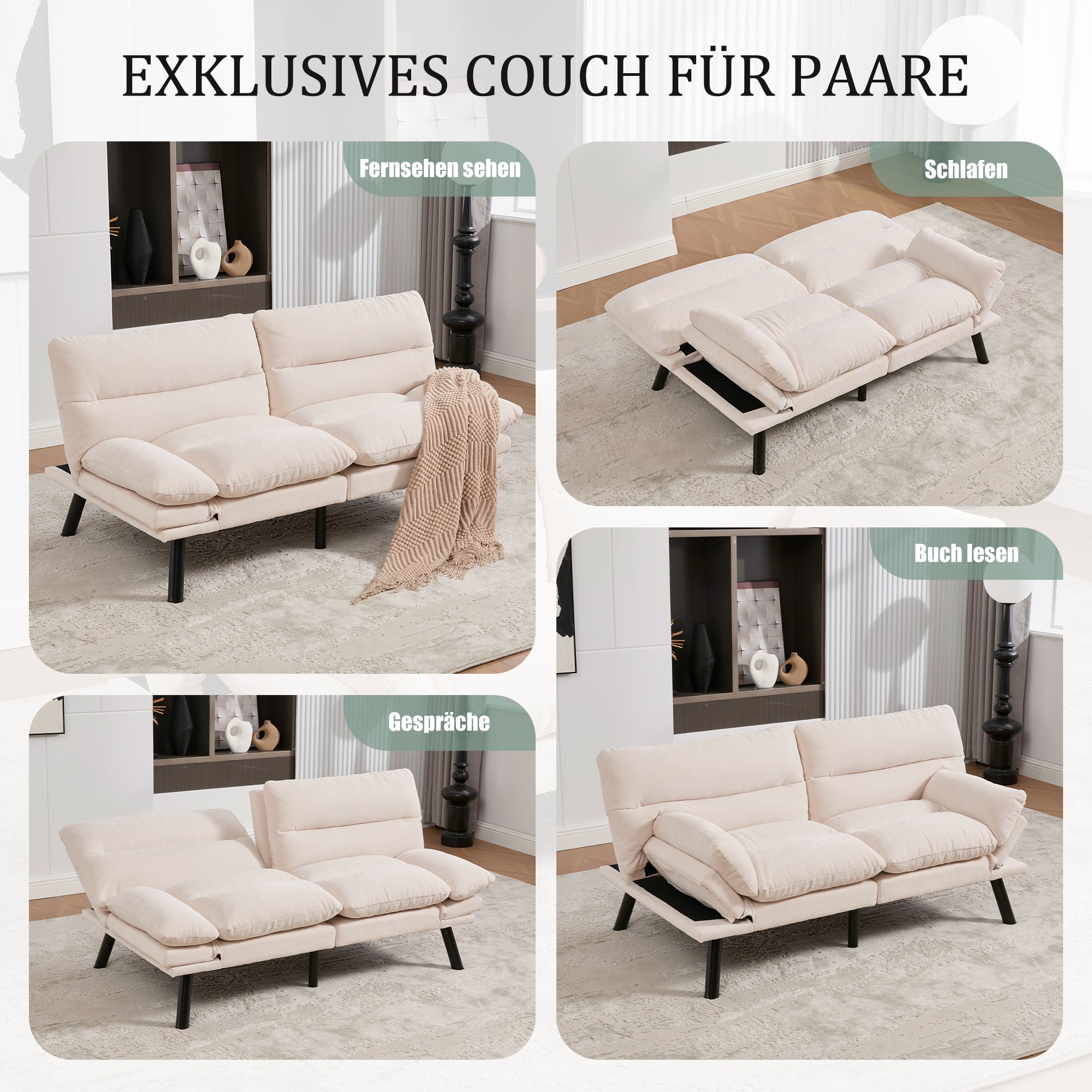 Two-Seater Sofa Ergonomic Adjustable Metal Legs, Chenille