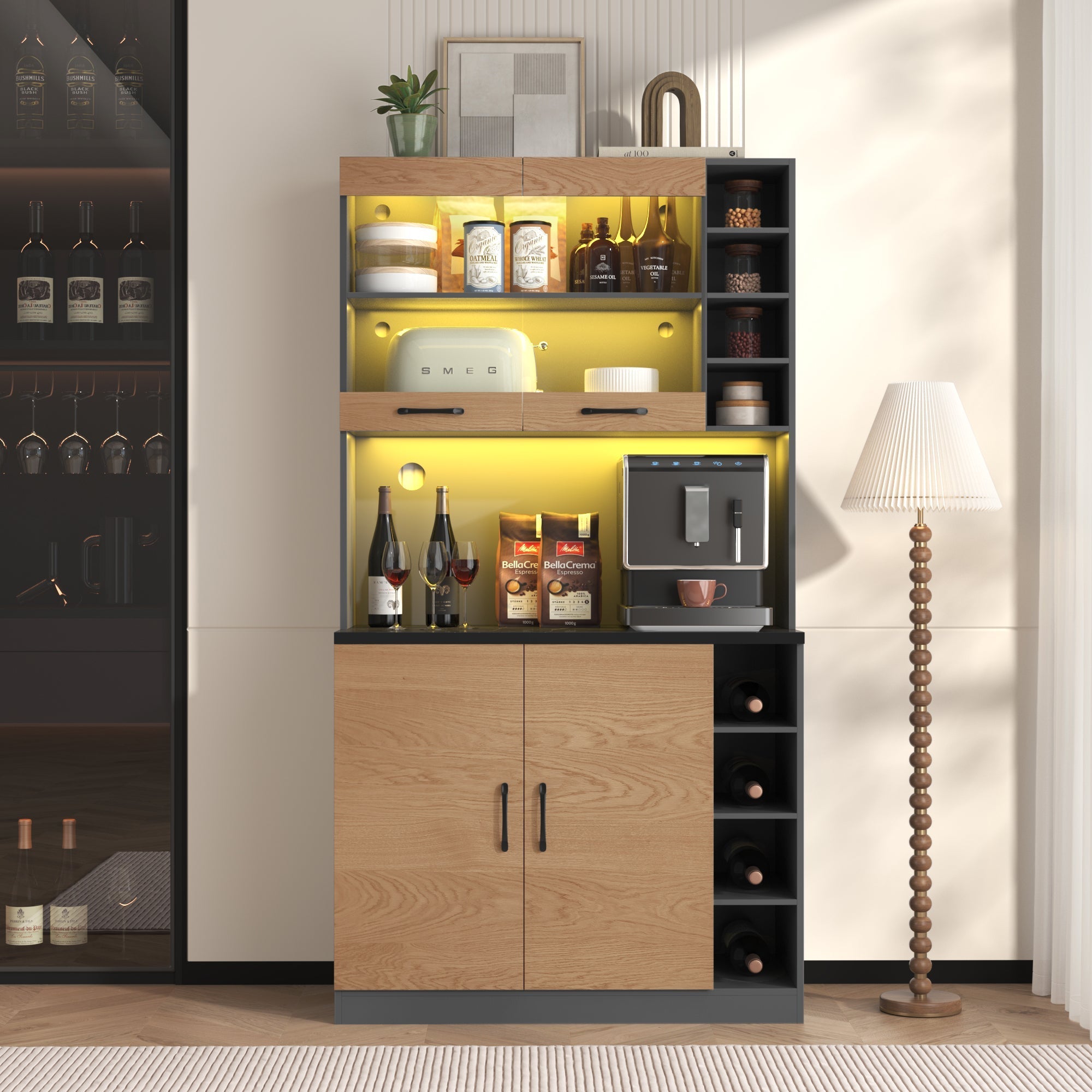 Kitchen Highboard Buffet 100x187cm LED Lighting Microwave Storage - Wooden