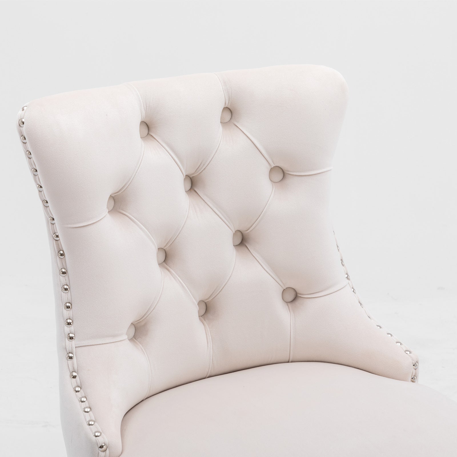 Barstools Set of 2 Contemporary Velvet Upholstered Button Tufted Wooden Legs Beige