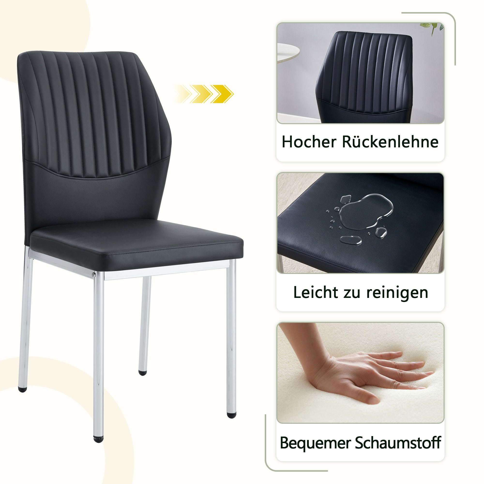 Set of 4 Stylish Dining Chairs with Vertical Embossing and Metal Legs, Black and Silver