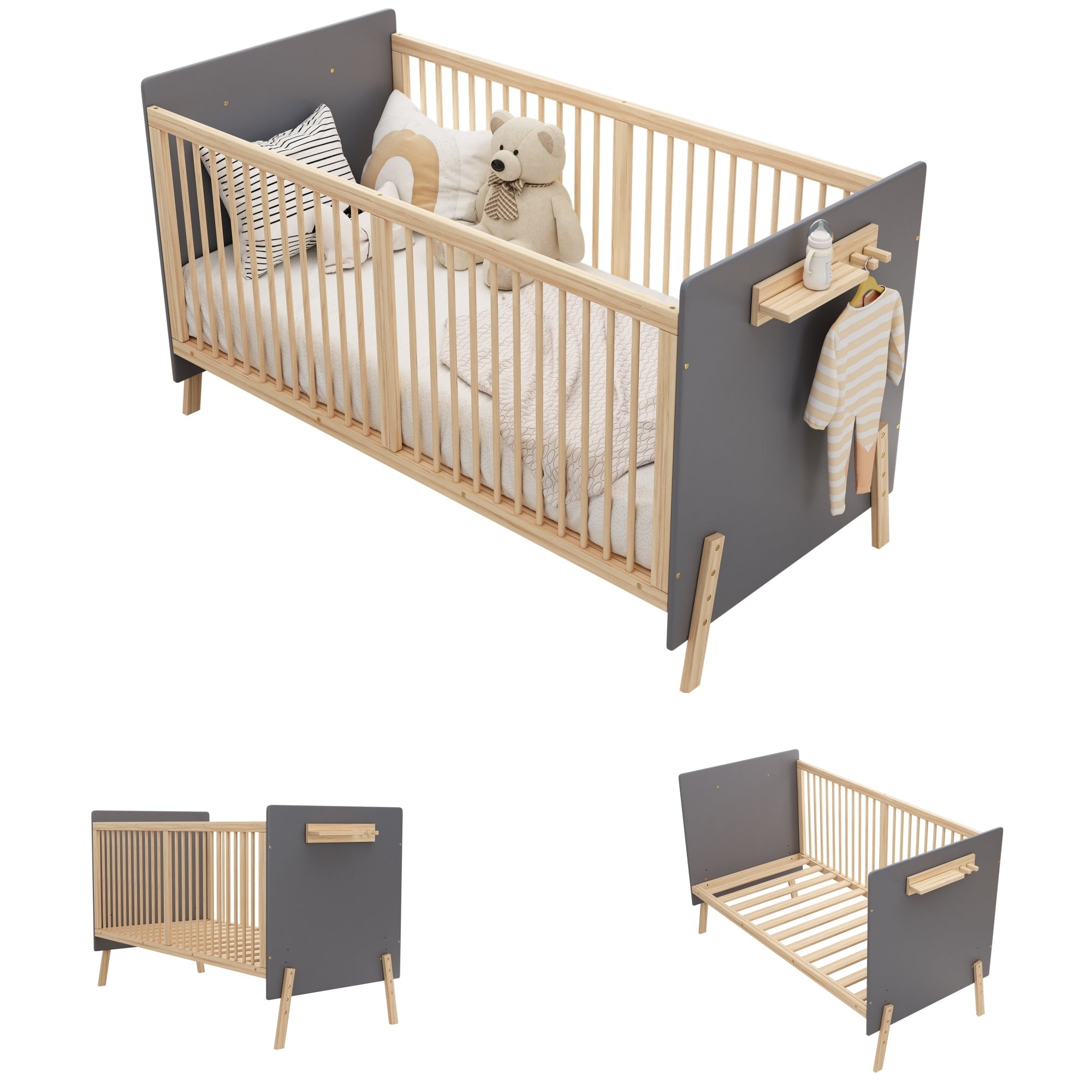 Solid Wood Baby Bed Adjustable Children's Cot/Sofa Bed 3-Stage Height Blue-Grey Natural Wood