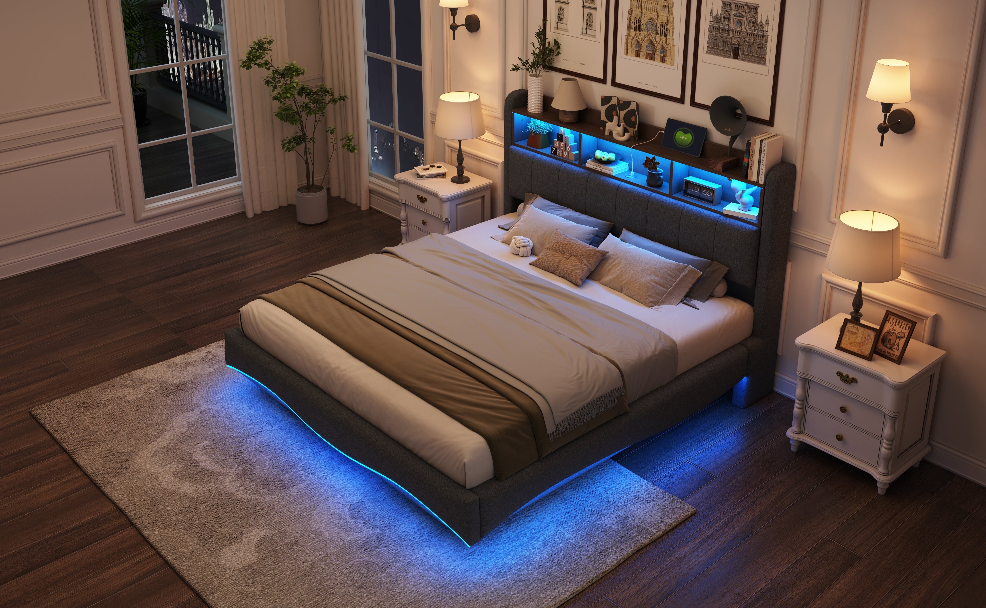 Suspended Design Upholstered Bed, Multifunctional Storage, LED, USB, Type-C, Linen Fabric Gray