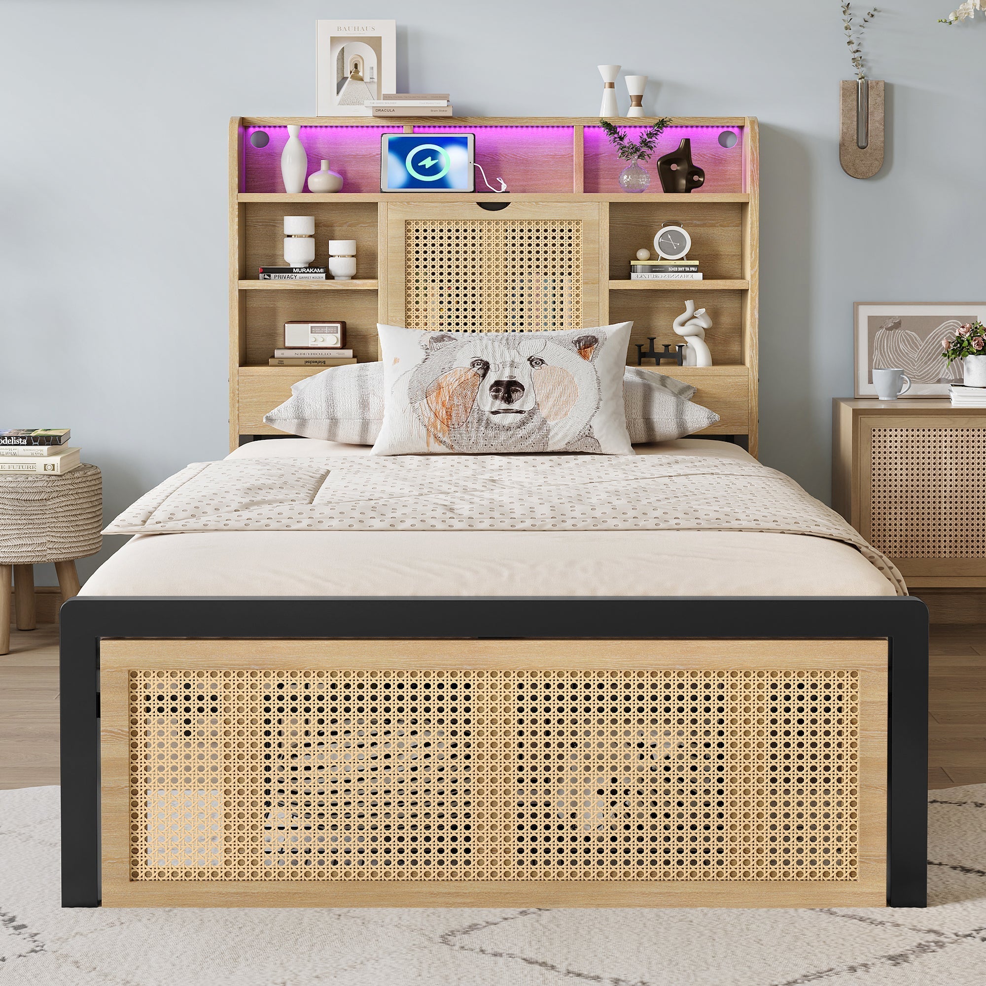 Wooden Bed, 3ft Single, LED Light, Charging Port & Storage, Wood Colour