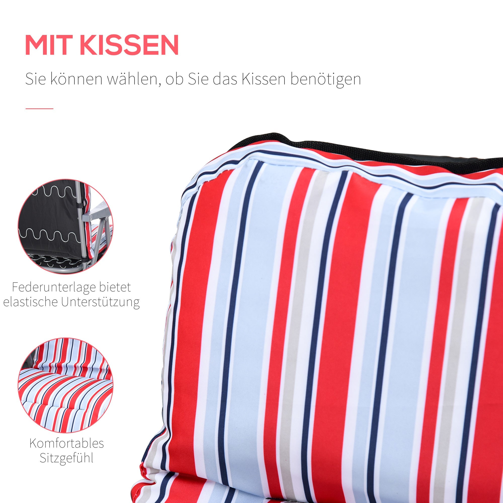 Sun Lounger Set of 2, Foldable Adjustable Backrest with Cushions, Red Steel+Polyester
