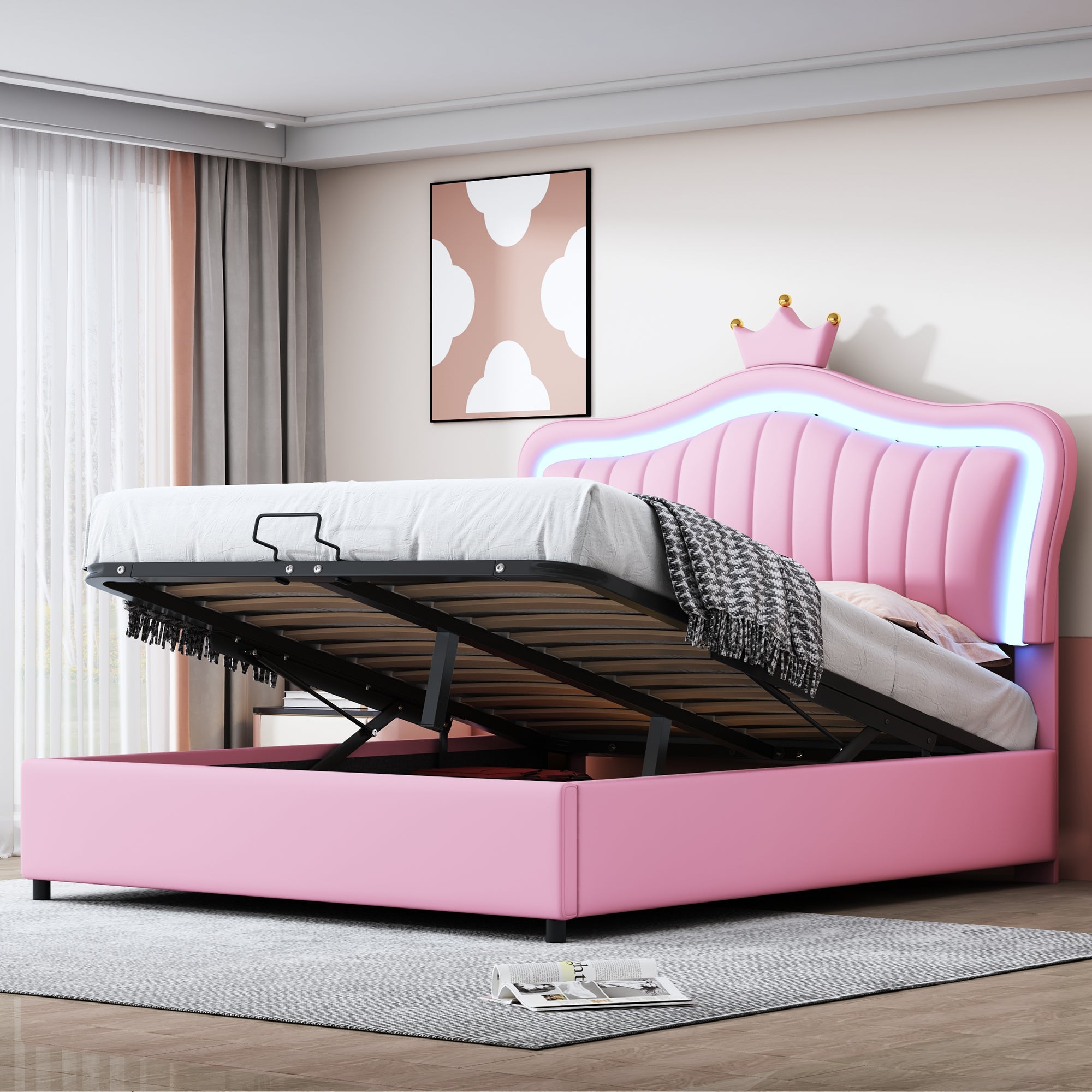 Children's Bed, 140x200cm Hydraulic Storage, LED, Pink PU Leather
