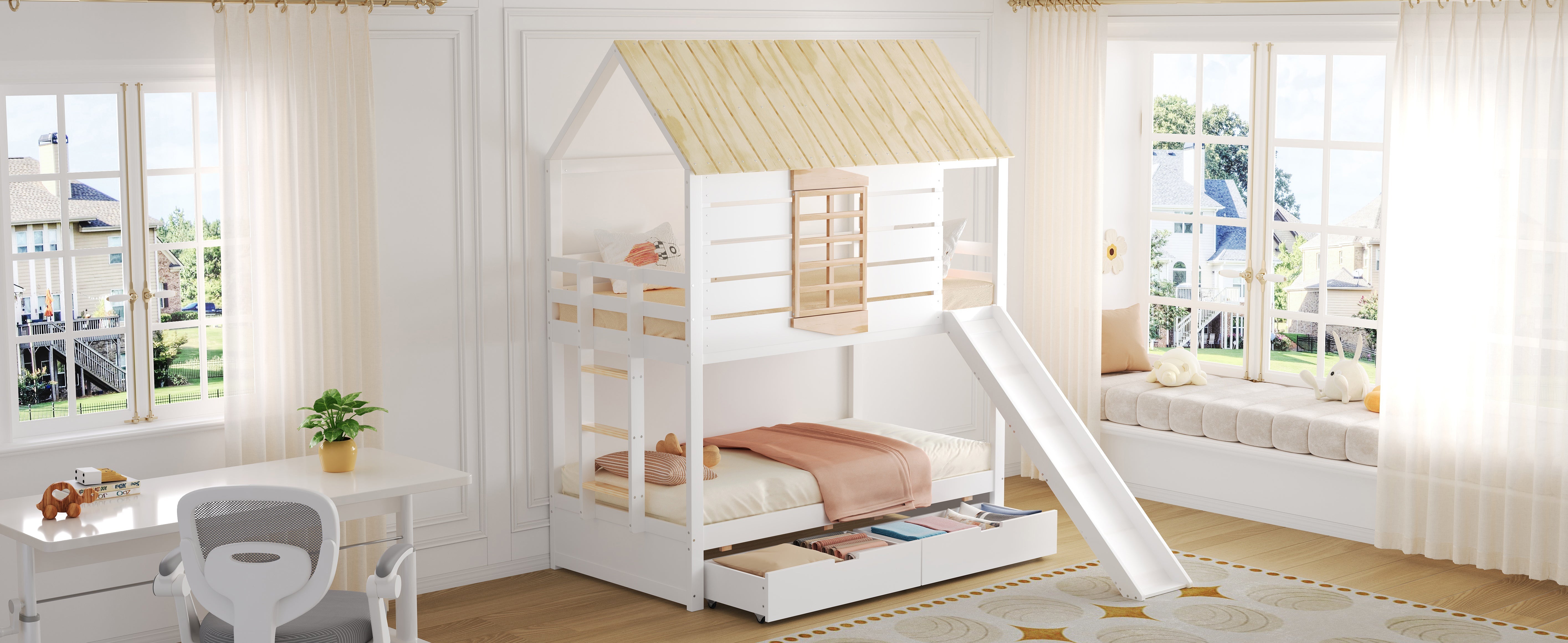House Bunk Bed with Slide and 2 Storage Drawers, 90x200cm, White and Natural