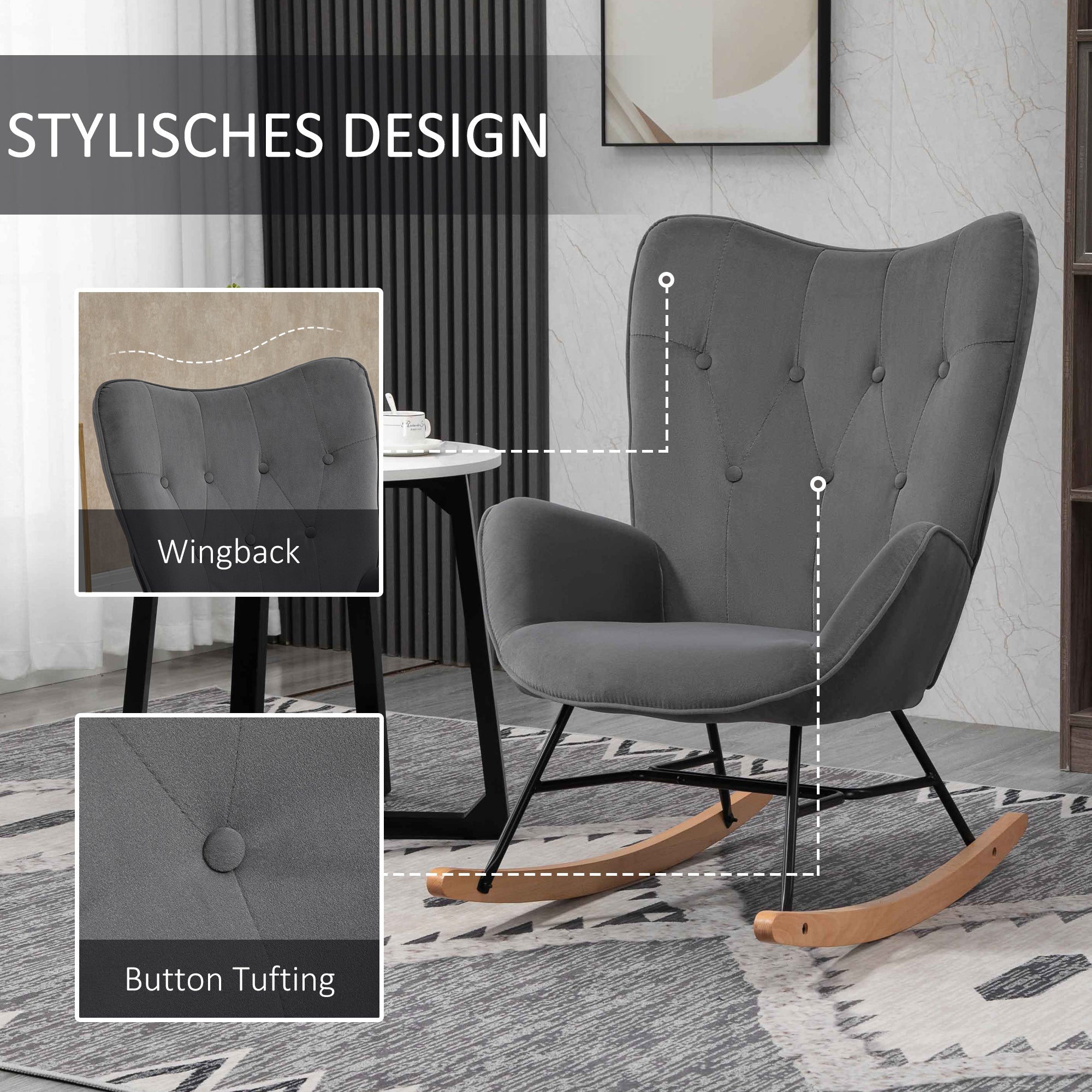 Rocking Chair Upholstered Lounge Steel Frame, Velvety Polyester