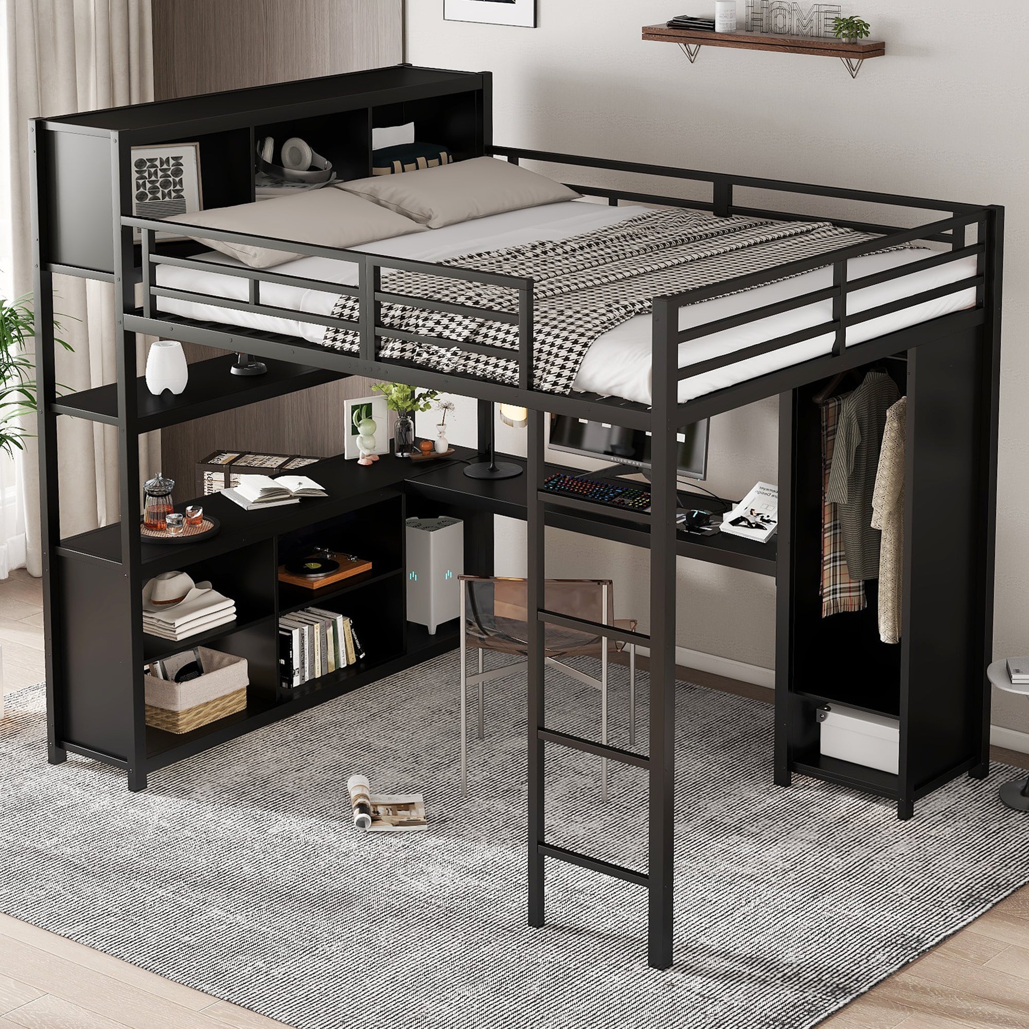 Iron Loft Bed, Double Storage, Desk & Wardrobe, Black 140x200cm