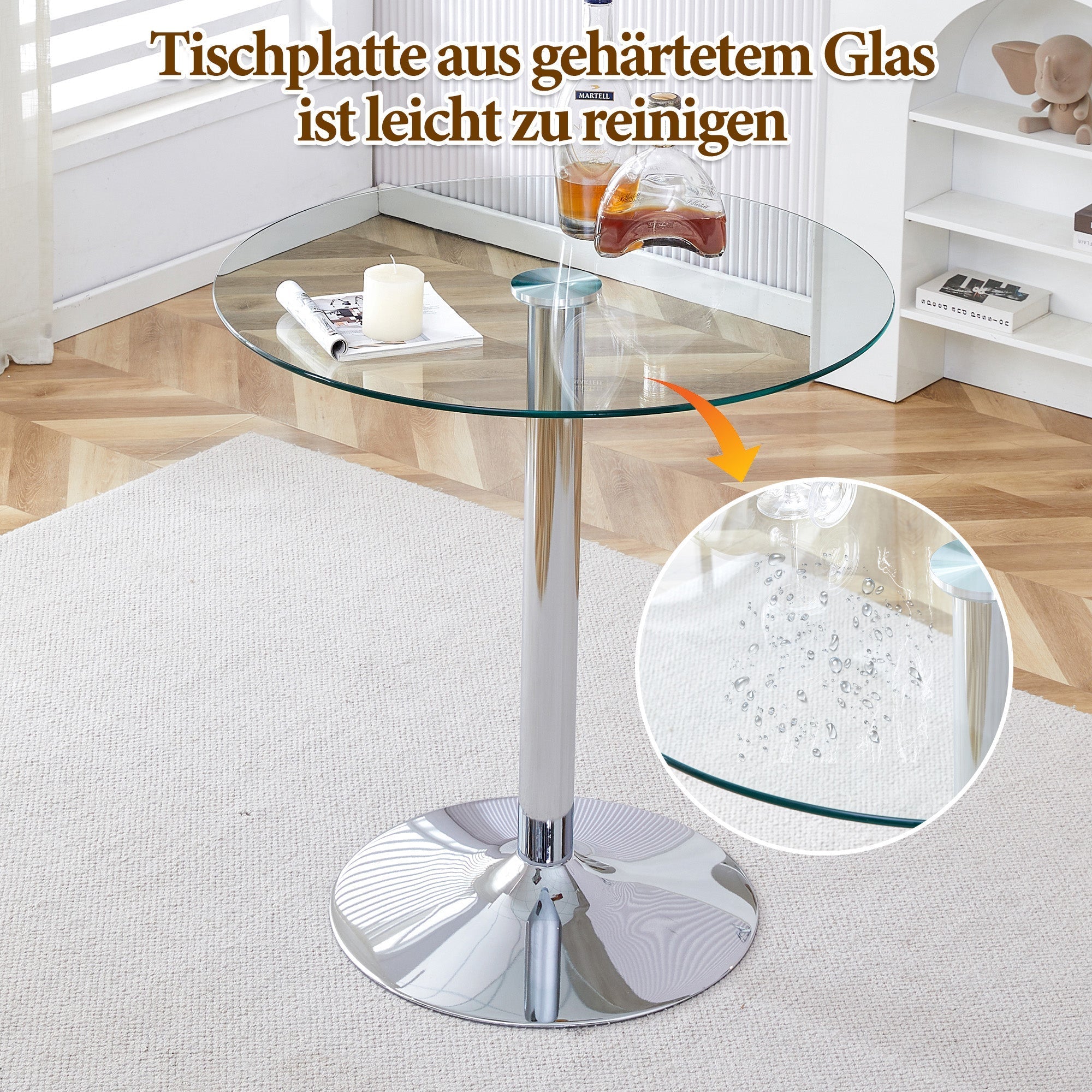 Bar Set Round Glass Table 89cm & 2 Stools Gold Legs