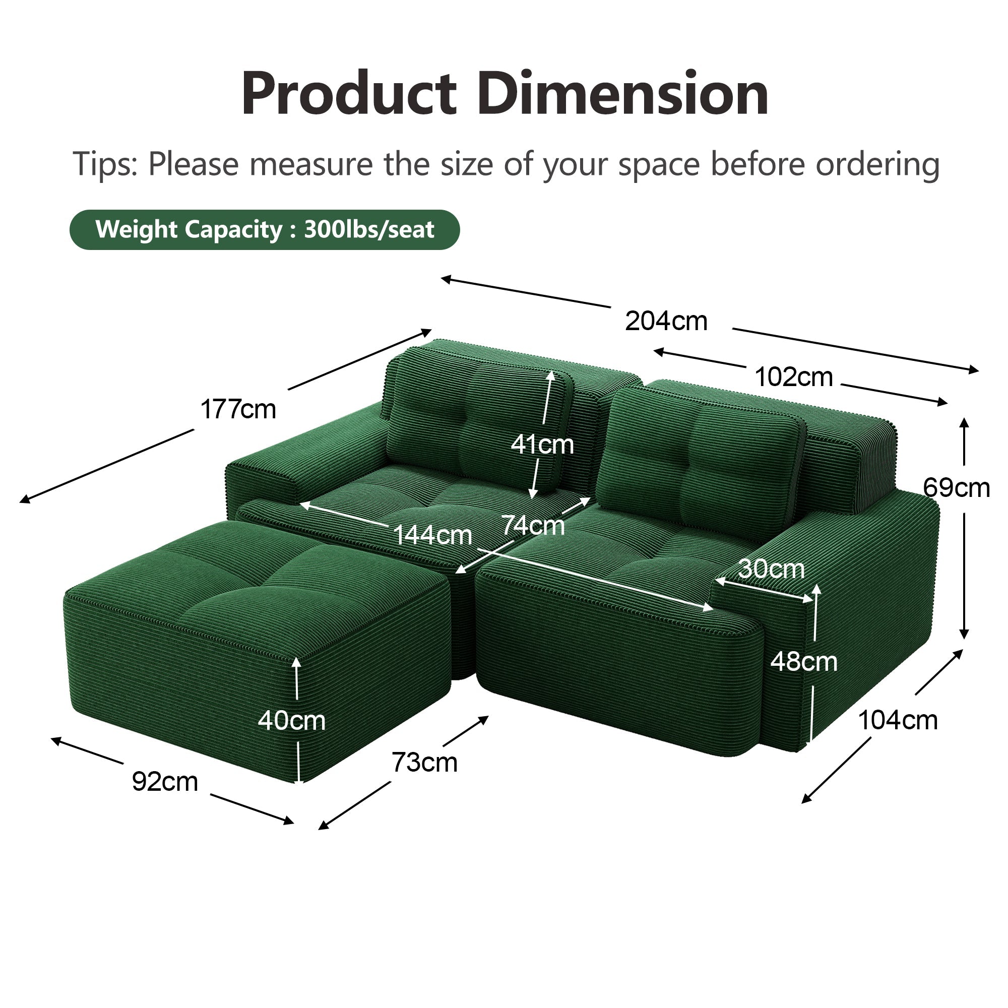 Boneless Modular Sofa L-Shaped Sleeper Ottoman Tufted - Corduroy Green