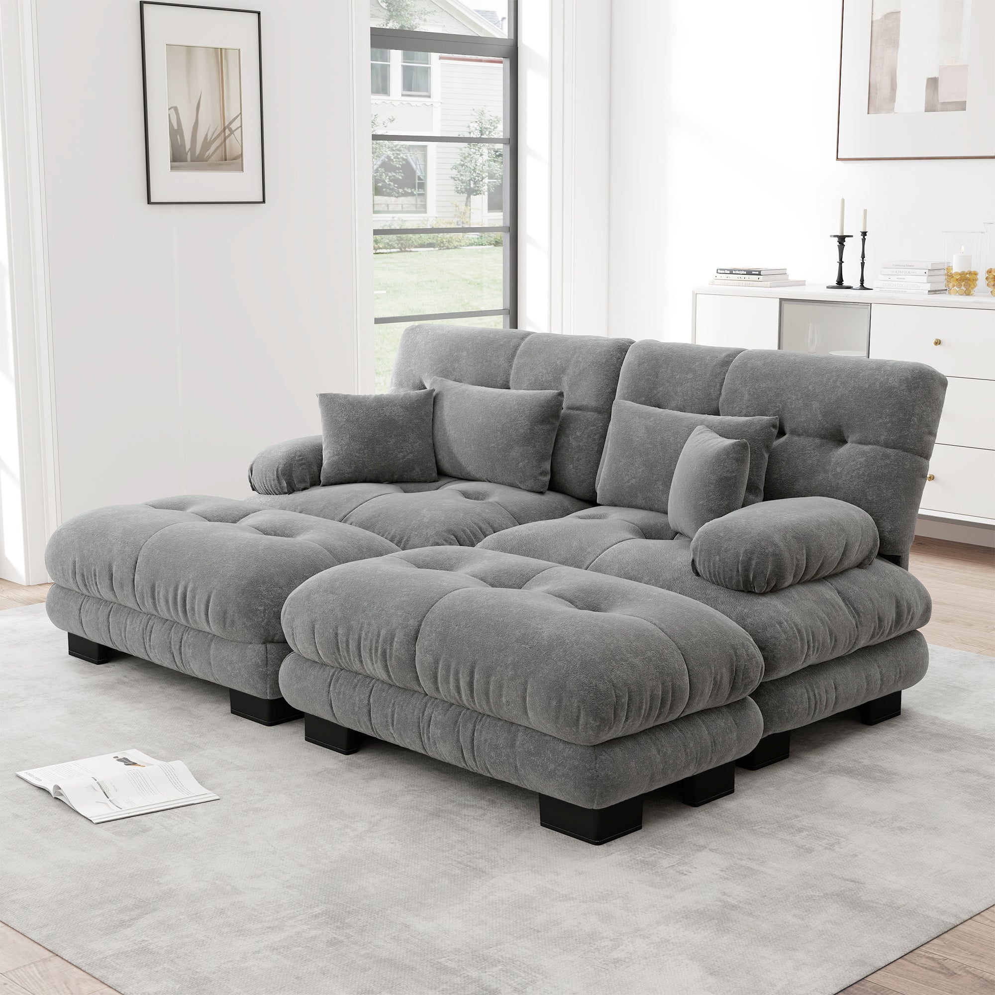 Cloud Corner Sofa, Double with Lumbar & Decorative Pillows, Wide Armrests & 2 Ottomans, Chenille Grey
