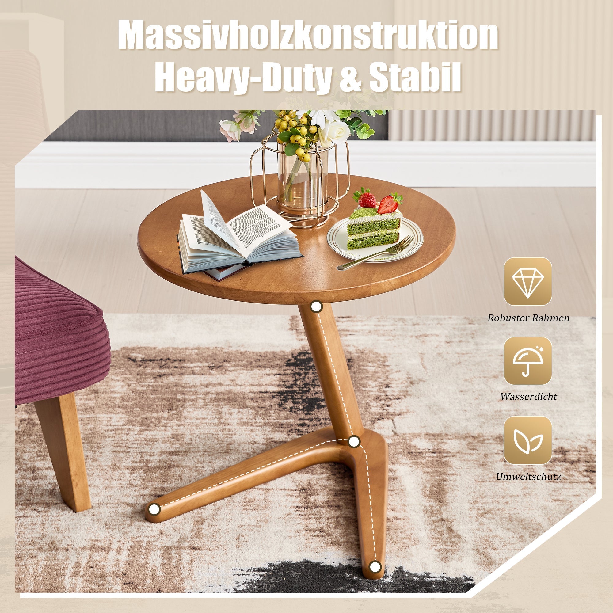 Round Wooden Table, Modern Minimalist Sofa Side TV Table for Small Spaces, Solid Wood