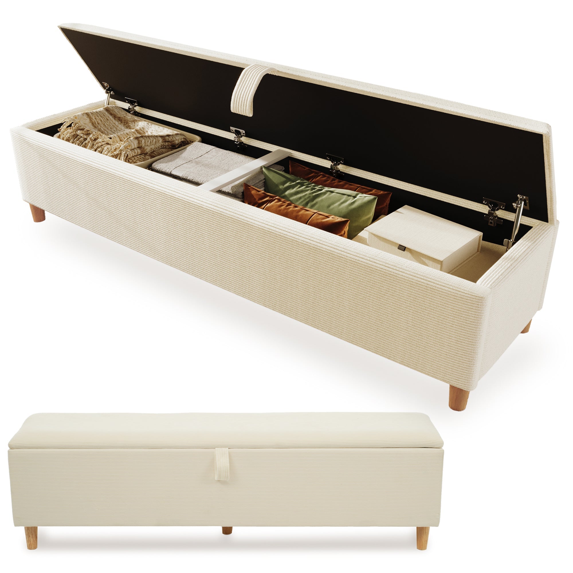 bed bench with storage space, 145 x 38 cm upholstered, beige corduroy