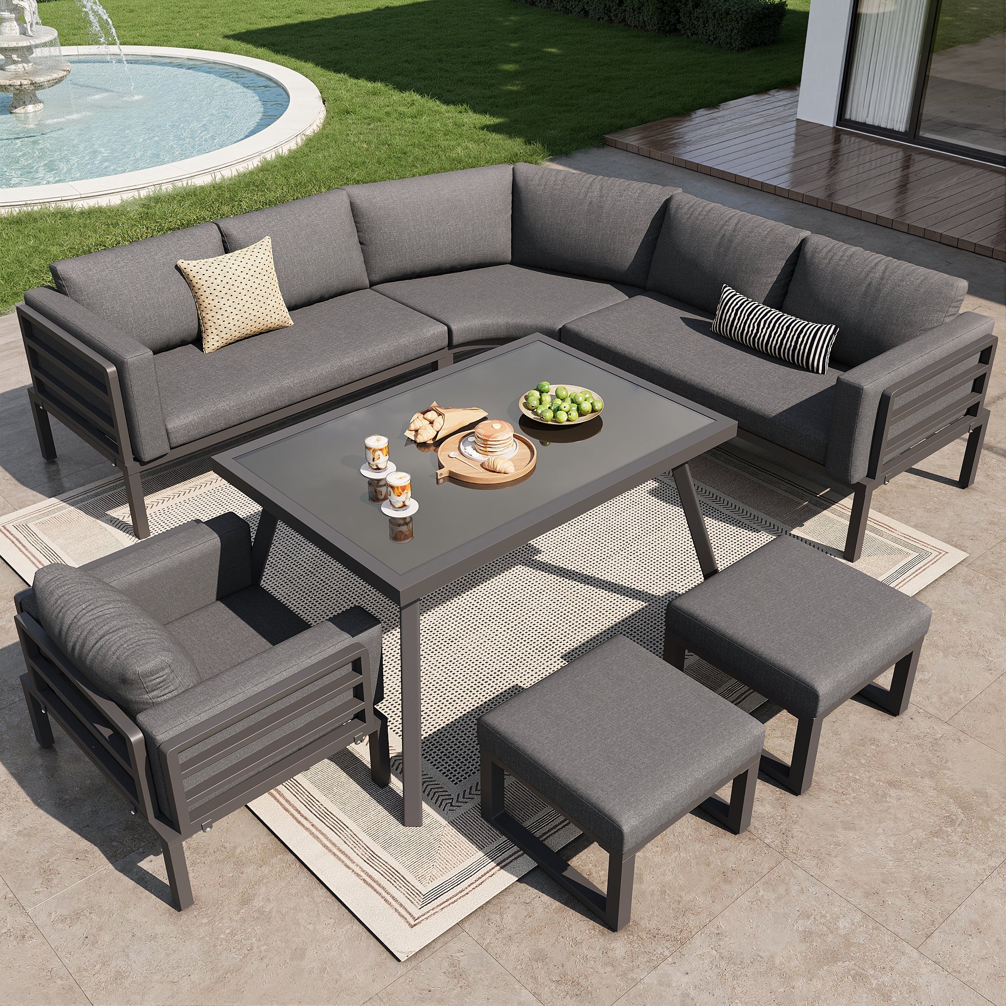 Garden Sofa Set Crescent 8-Person with Glass Table Weatherproof - Grey Cushions