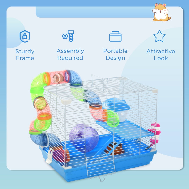 Hamster Cage, 2 Tier Gerbil Cage with Handle, Exercise Wheels, Tunnel, Tube, Water Bottle, Dishes, Ladder, Blue
