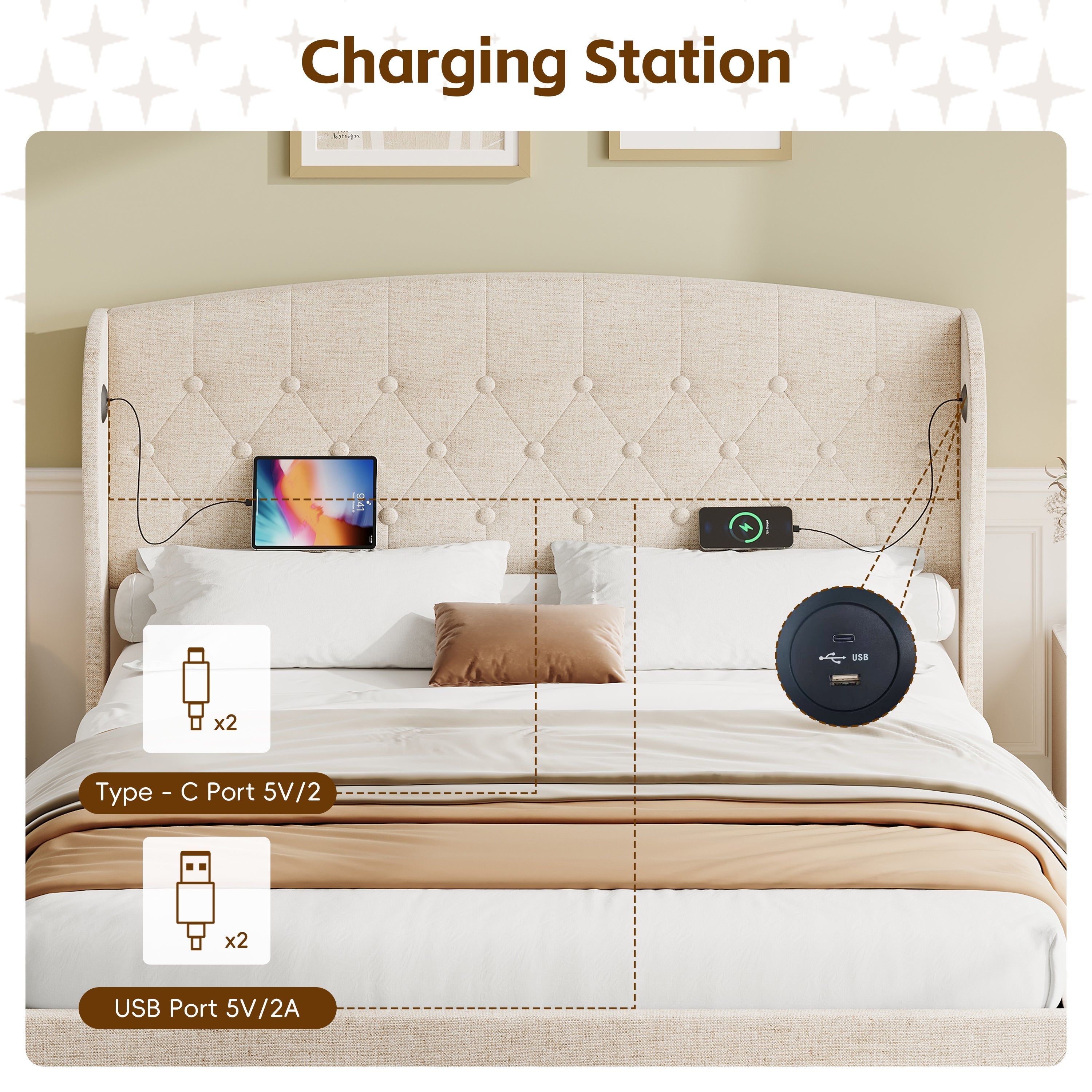 Double Upholstered Bed with Hydraulic and Drawers Storage, Charging Station, Linen, Beige