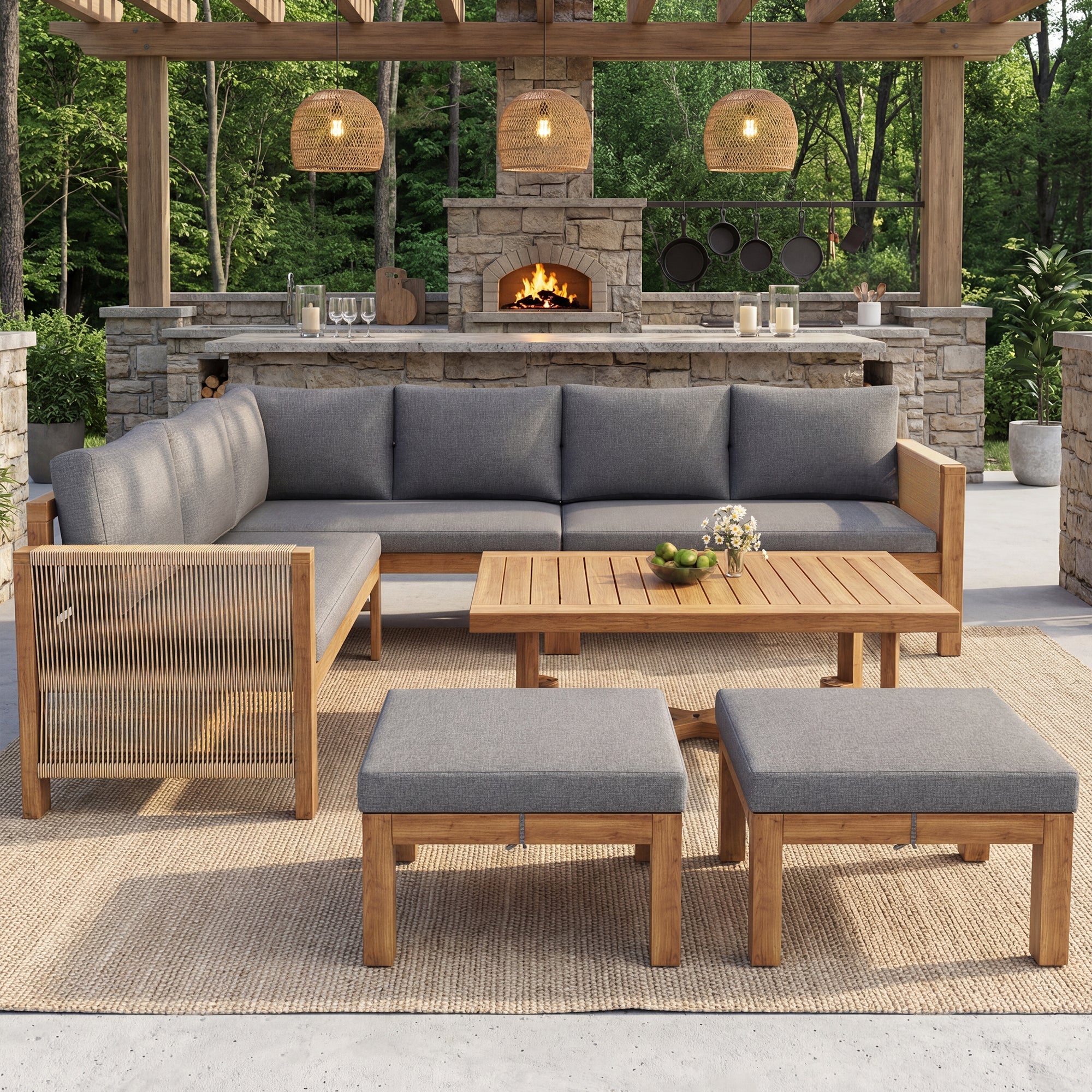 Modular Garden Furniture Set, 6-Seater Corner Sofa with 2 Stools and Table, Acacia Wood