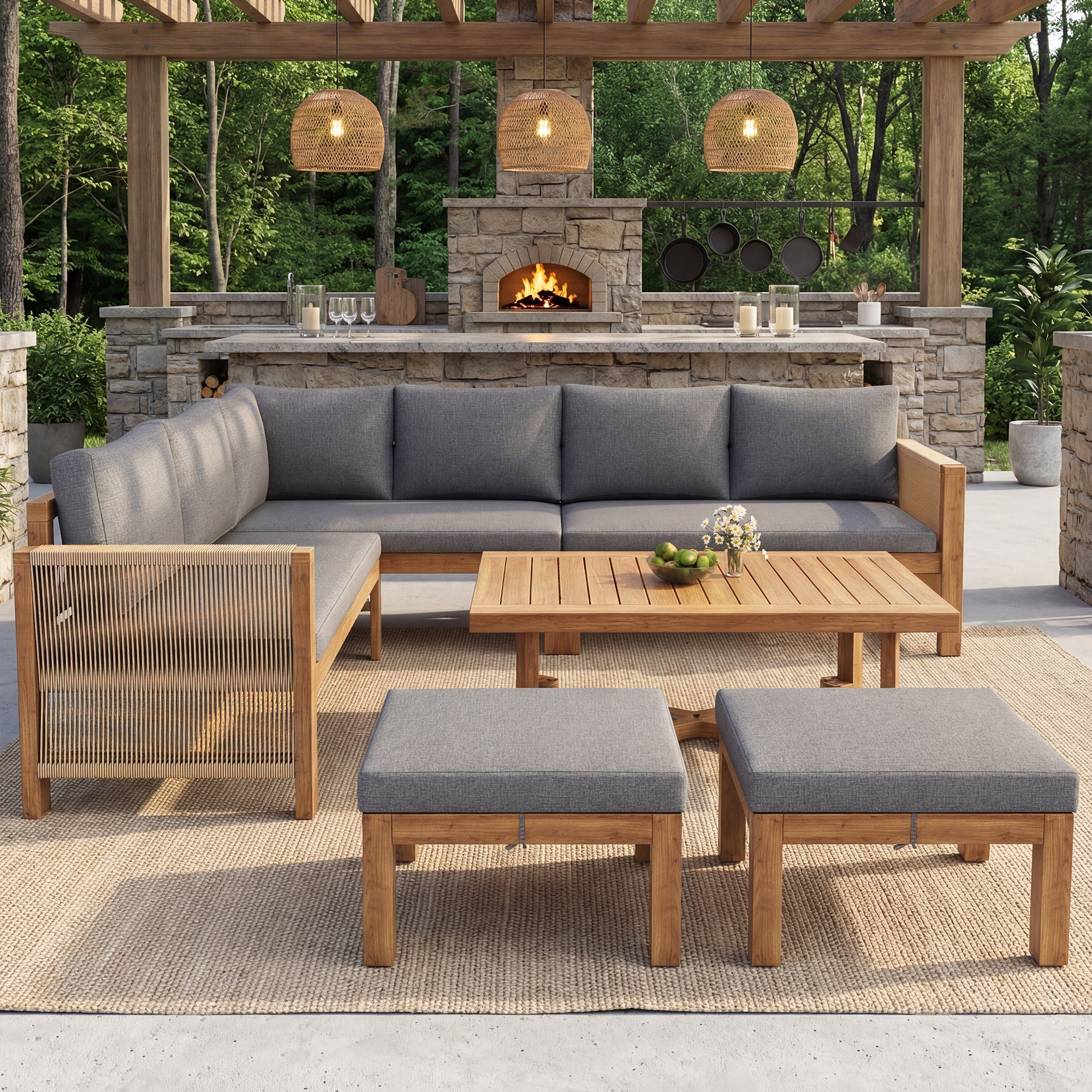 Modular Garden Furniture Set, 6-Seater Corner Sofa with 2 Stools and Table, Acacia Wood