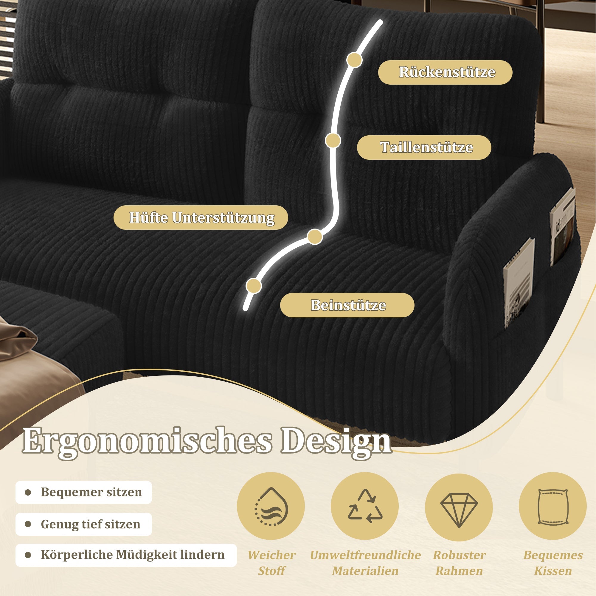 Two-Seater Sofa, Comfort Padding High Backrest Side Pockets Metal Feet, Corduroy