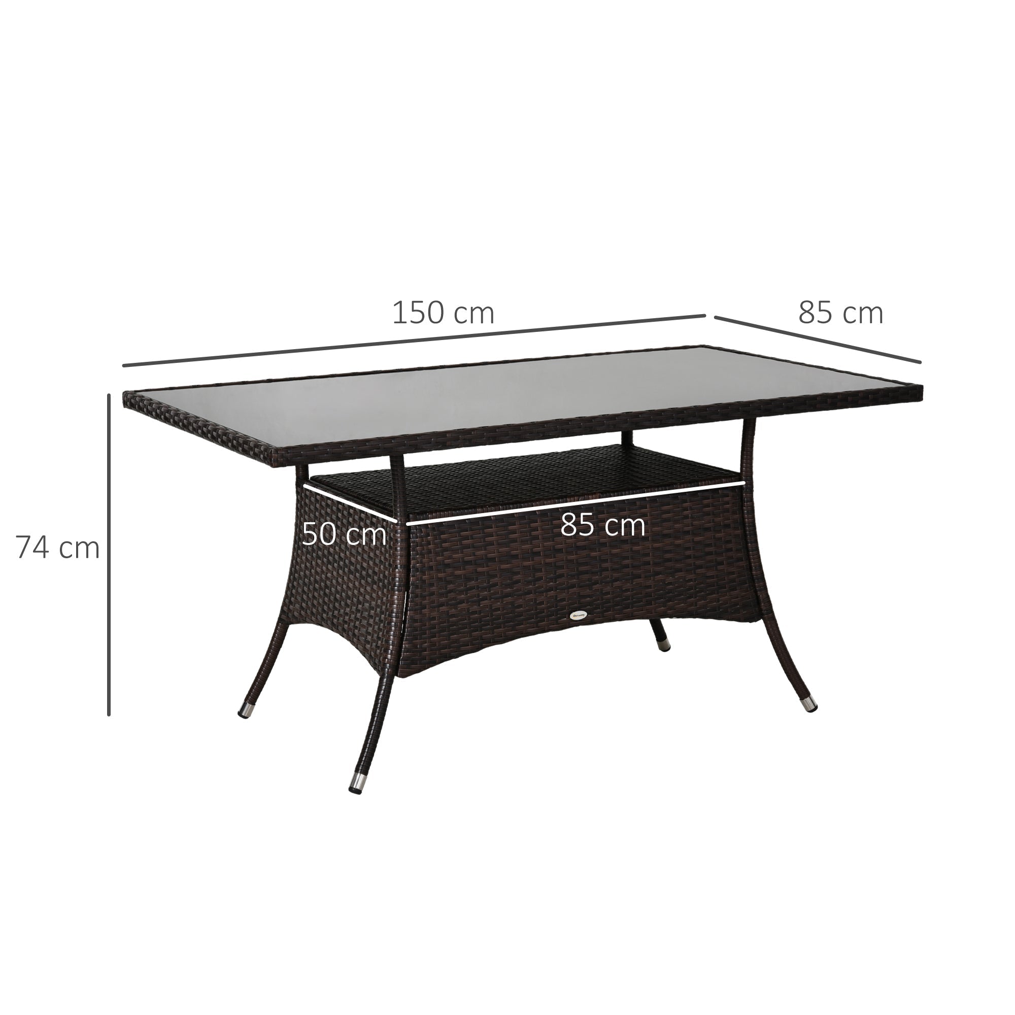 Dining Table, Poryrattan Glass 150x85x74cm Safety Glass, Brown/Black
