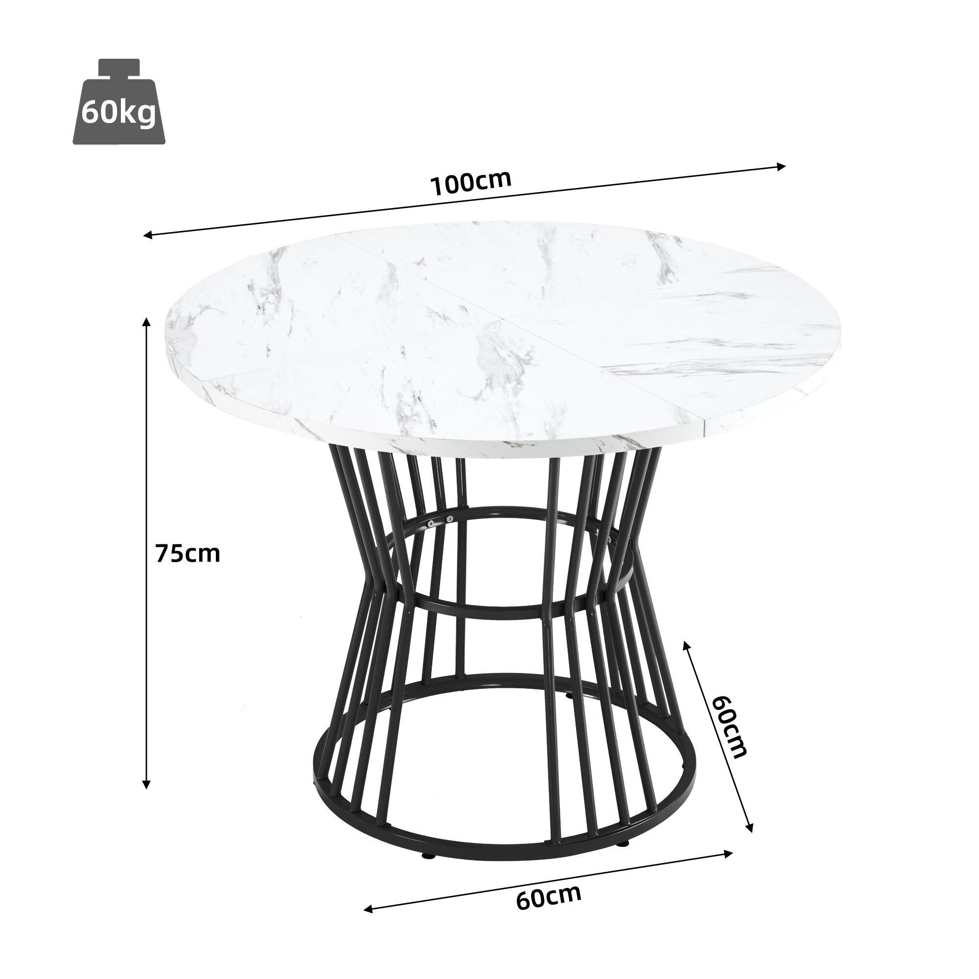 Dining Table Set 5-Piece Round 100cm Black Metal White MDF Dark Grey Velvet