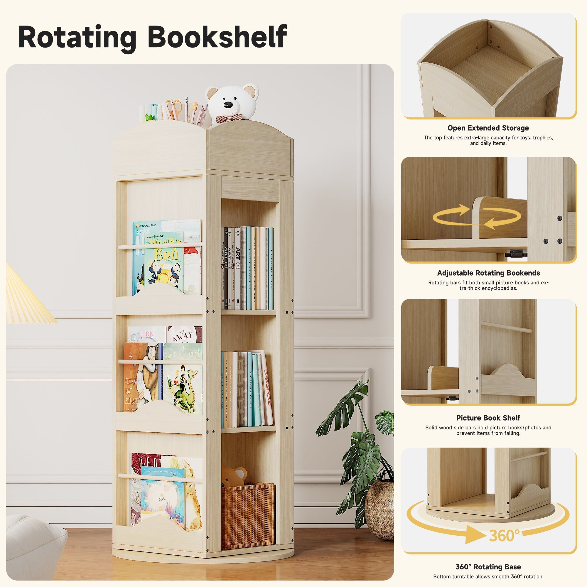 Rotating Bookshelf with 360-Degree Rotation and 4 Shelves, Wood