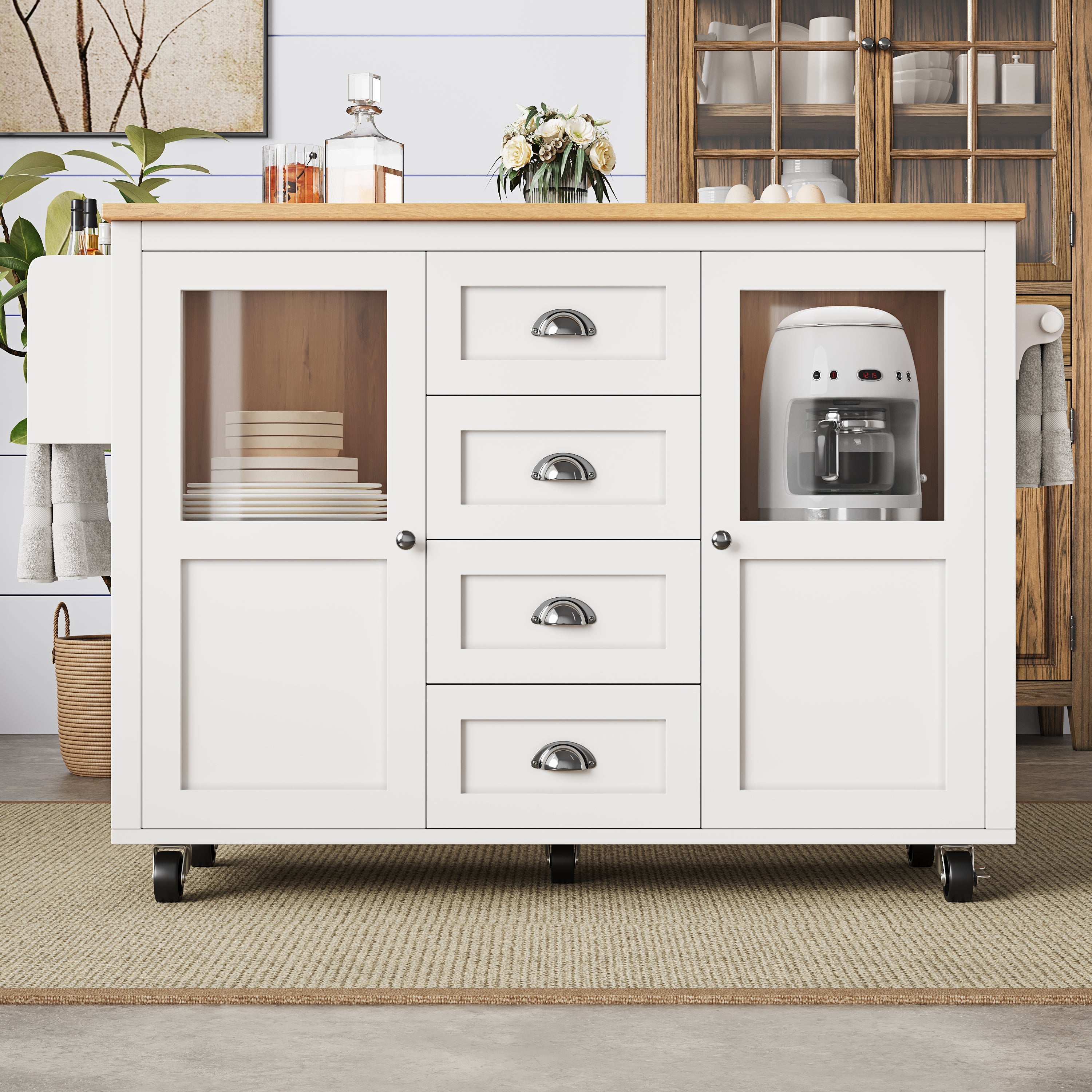 Kitchen Island with Extendable Trolley and Storage Drawers, White/Black
