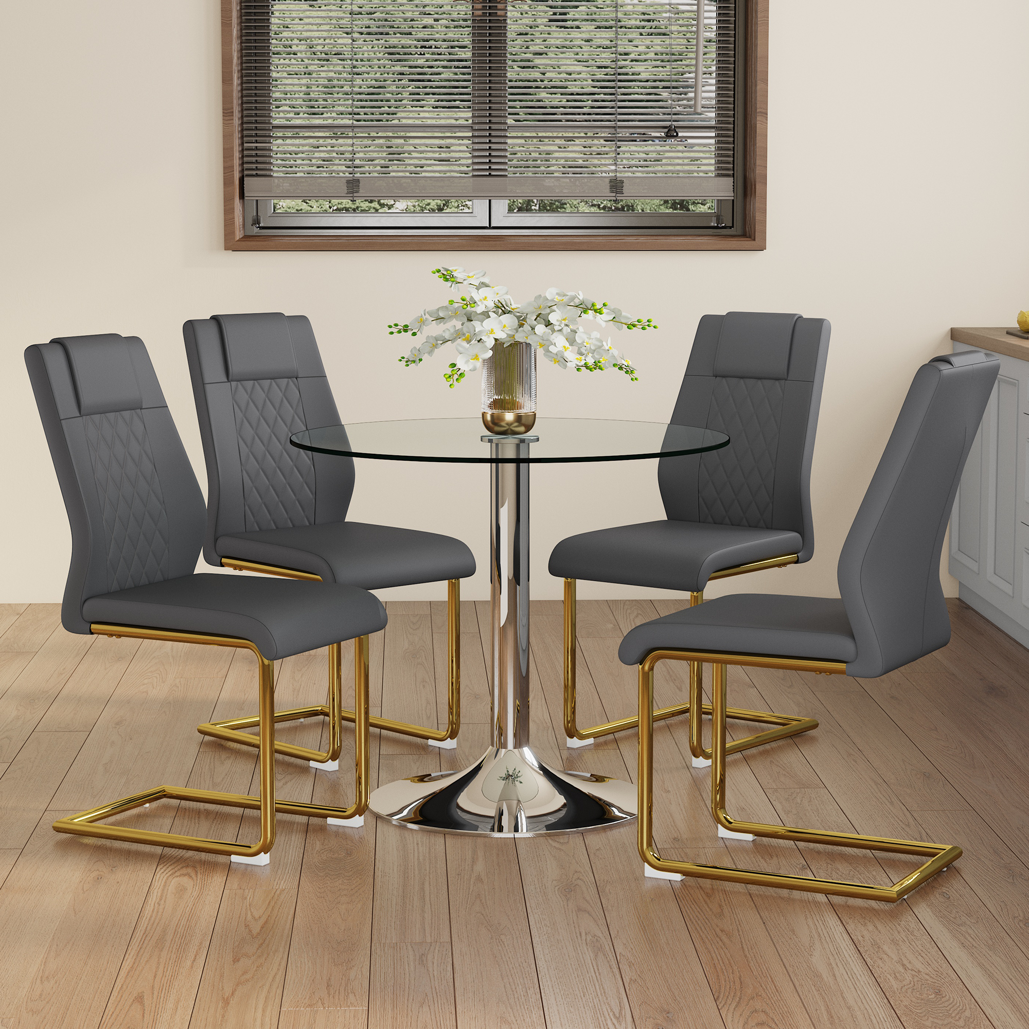 Dining Table Set - Glass 85cm 4 Chairs Gold Legs - Dark Grey PU