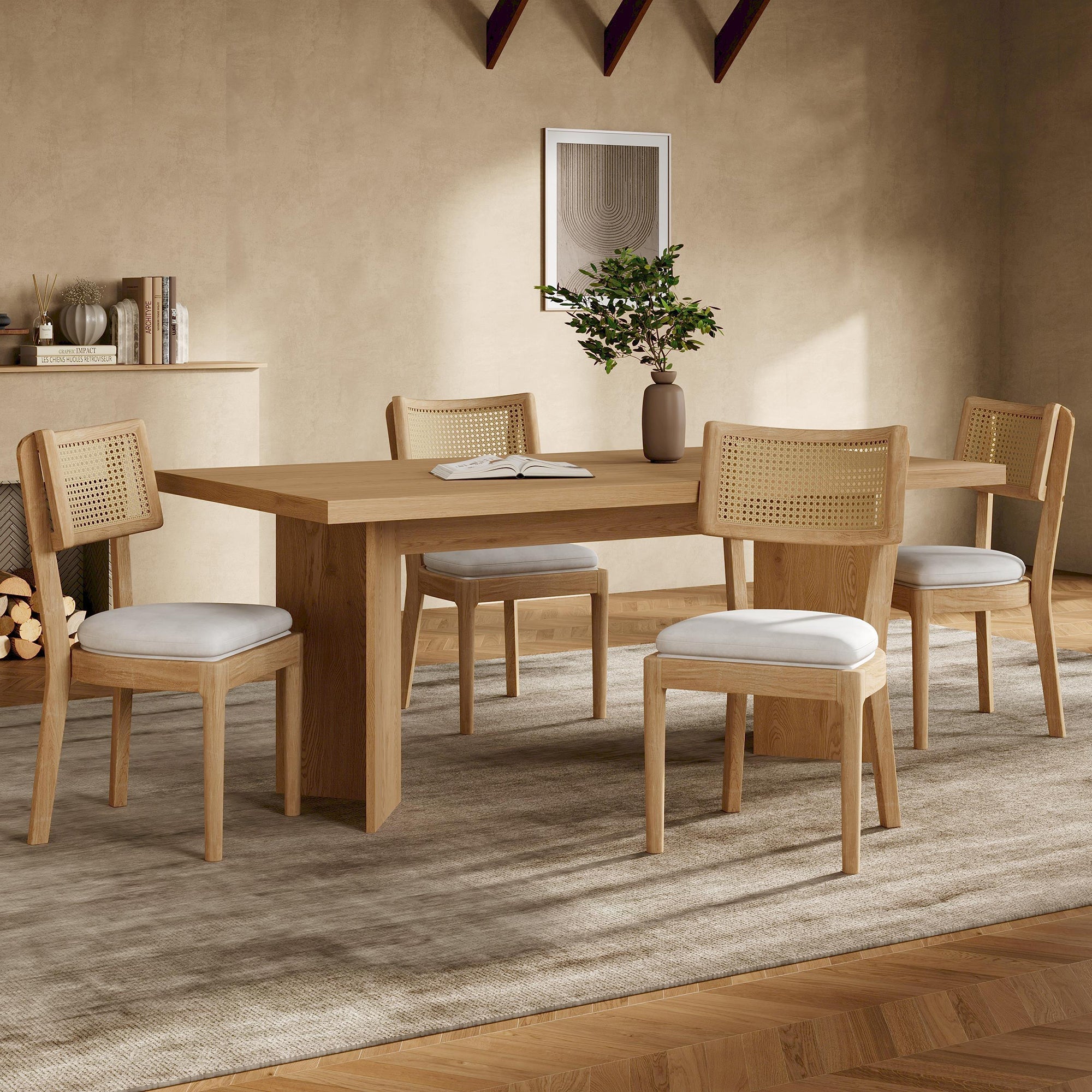 6 Solid Wood Dining Chairs with Rattan Backrests, Linen, Wood Color