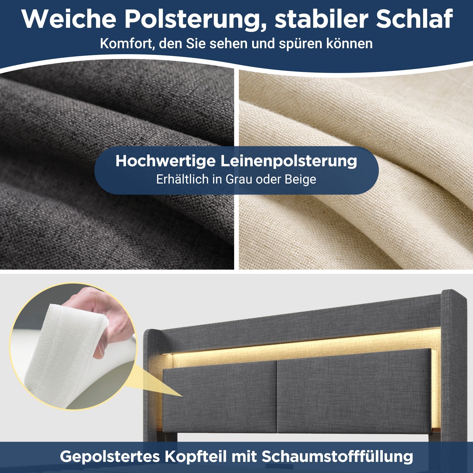 Upholstered Bed 140x200cm Hydraulic Storage Headboard LED USB/USB-C with Mattress - Grey Linen