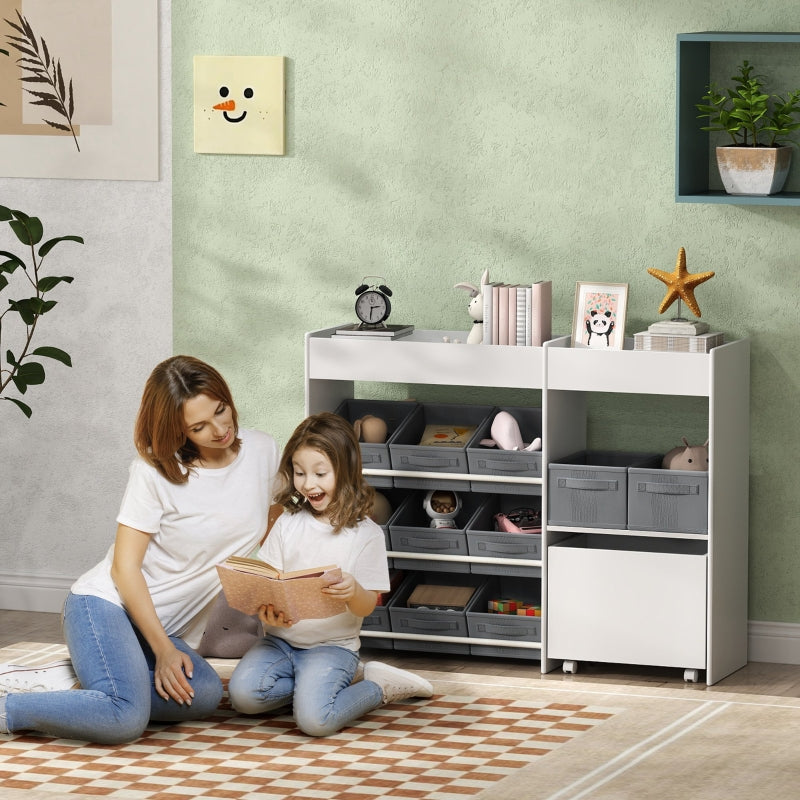 Children's Storage Shelf 11 Fabric Boxes Top Compartments - White