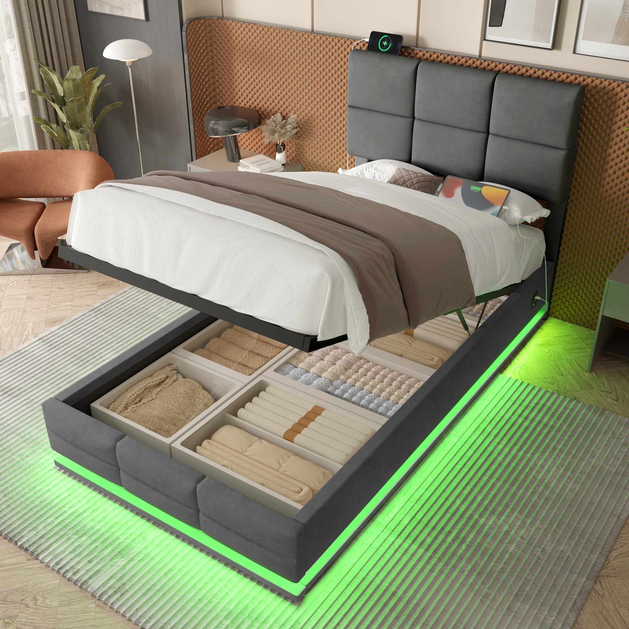 Modern Upholstered Bed 90x200cm, Adjustable Headboard, USB/LED, Hydraulic Storage - Gray Velour