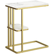 C-Shaped Narrow Side Table, 2-Tier Slim End Table Nightstand for Small Spaces, White Marble Grain