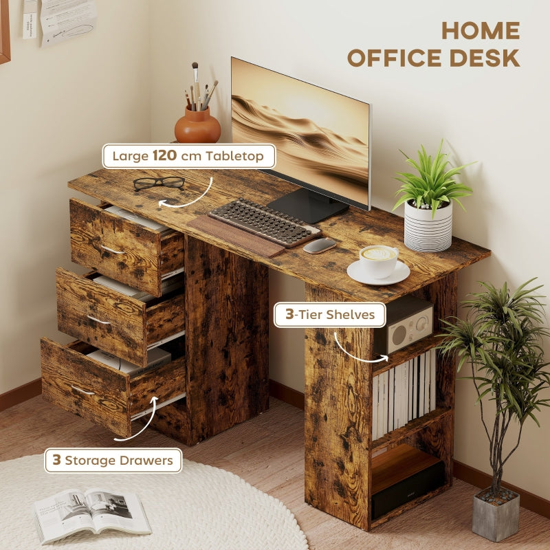 Computer Desk PC Workstation with 3 Shelves and Drawers Rustic Brown