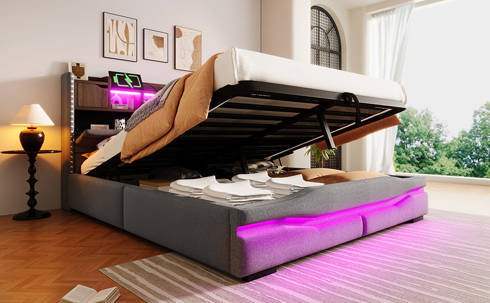 Upholstered Bed 160x200cm Hydraulic Storage LED USB-C Headboard Grey