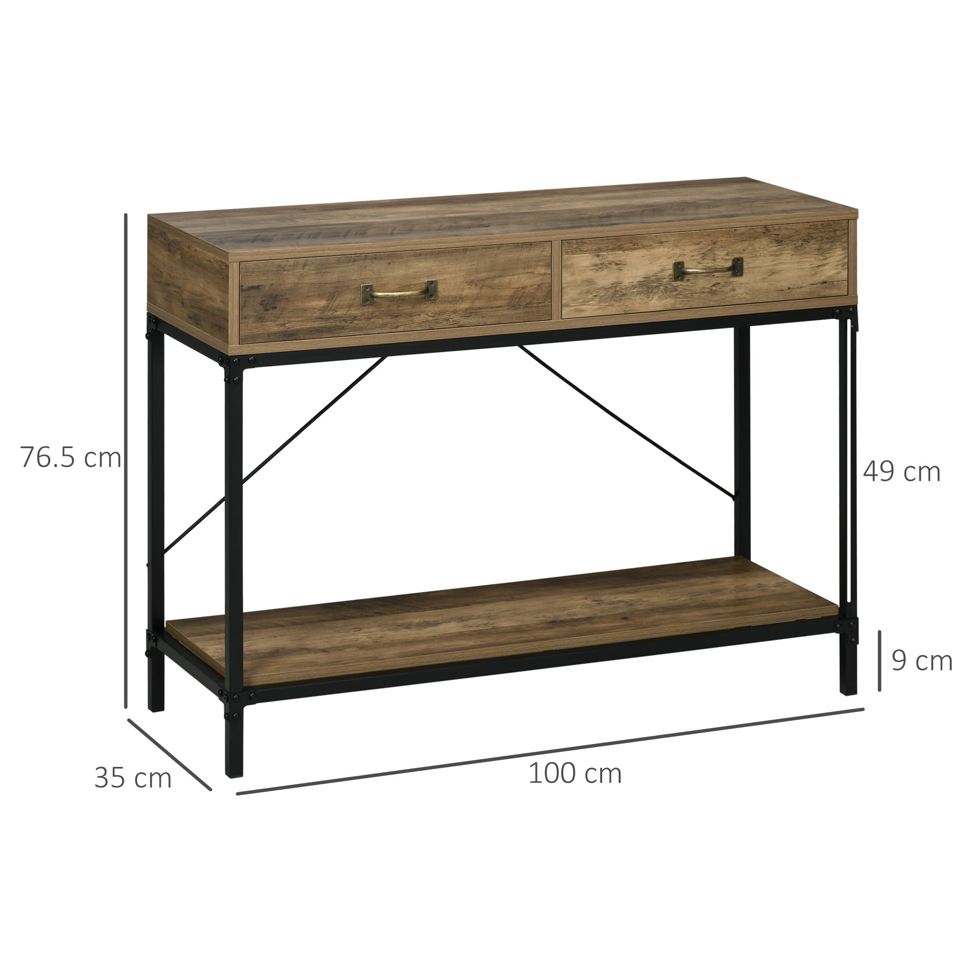 Beistelltisch mit 2 Schubladen und Ablage, Vintage Braun Schwarz