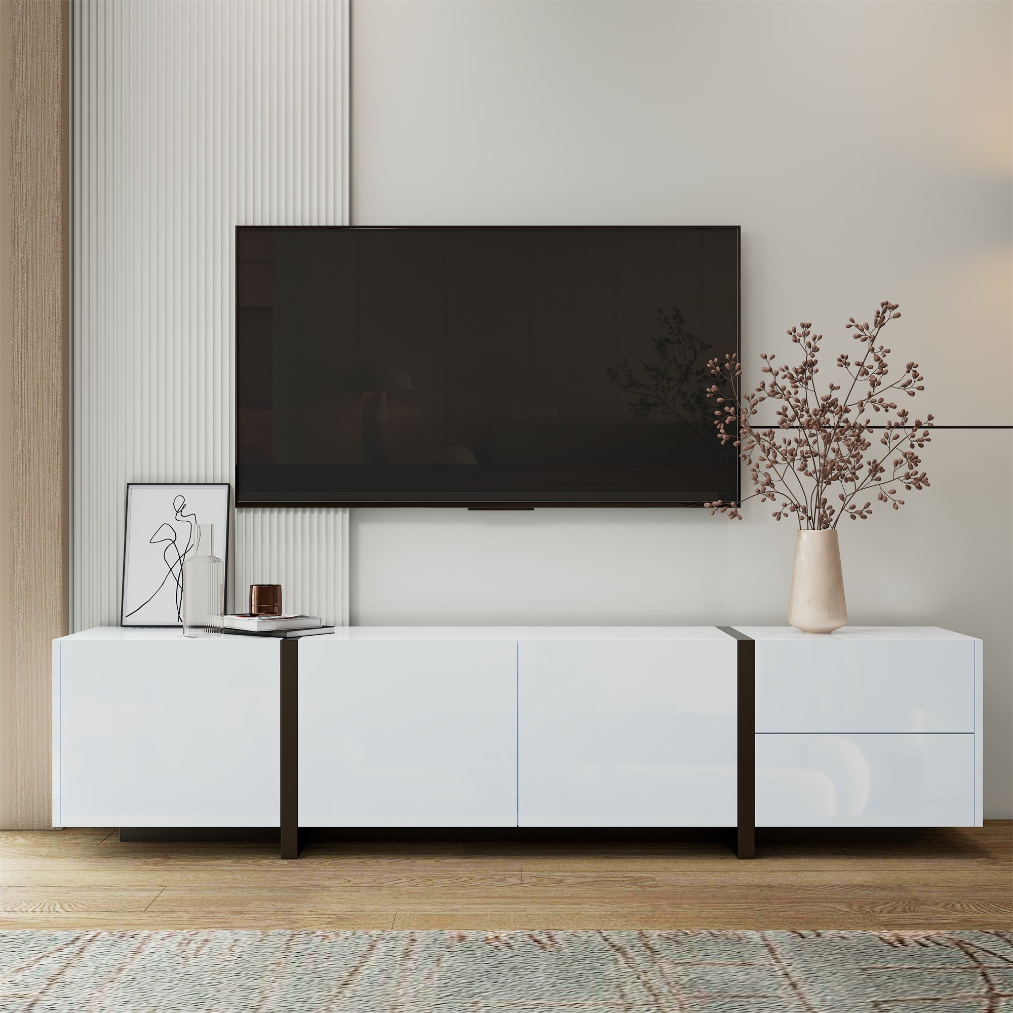TV Cabinet, Lowboard, High-Gloss White with Black Legs