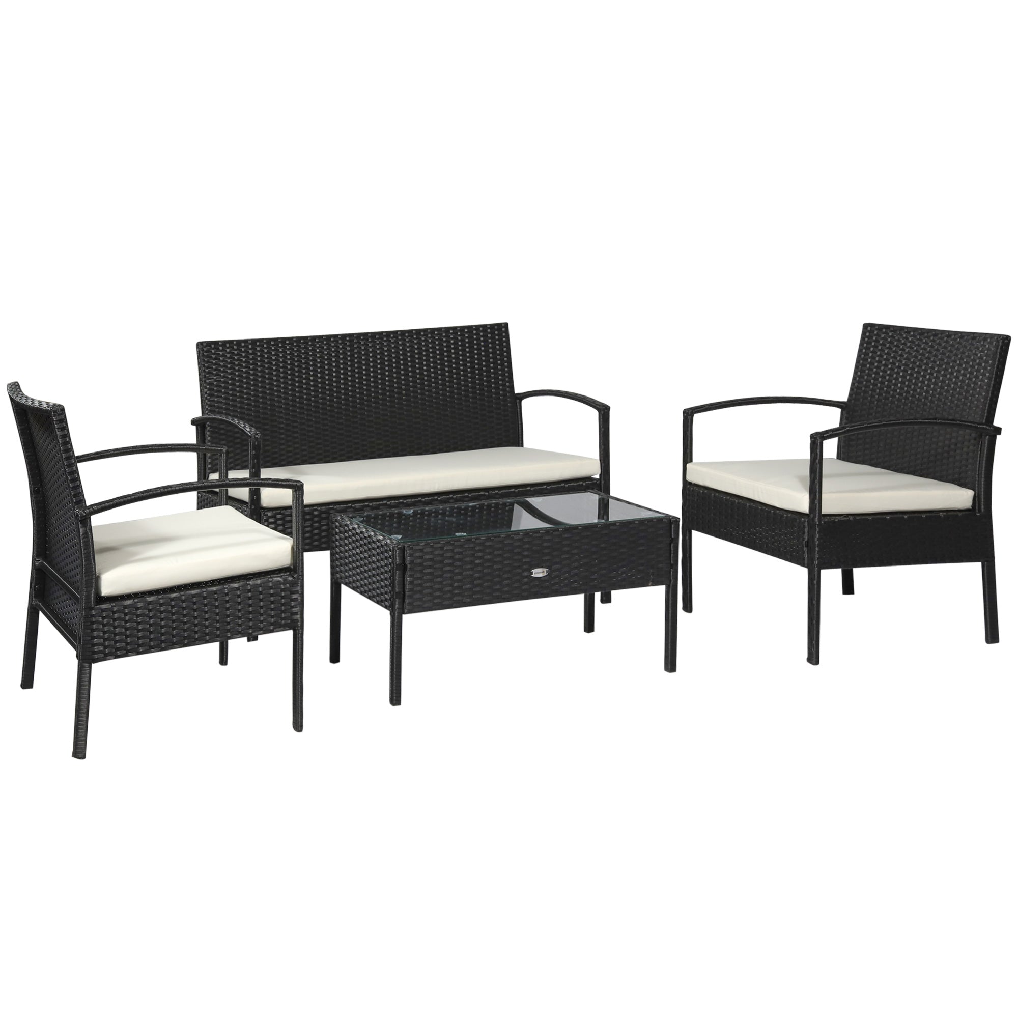 4-Piece Rattan Garden Sofa Set with Loveseat, Armchairs, Glass Table, Black Rattan
