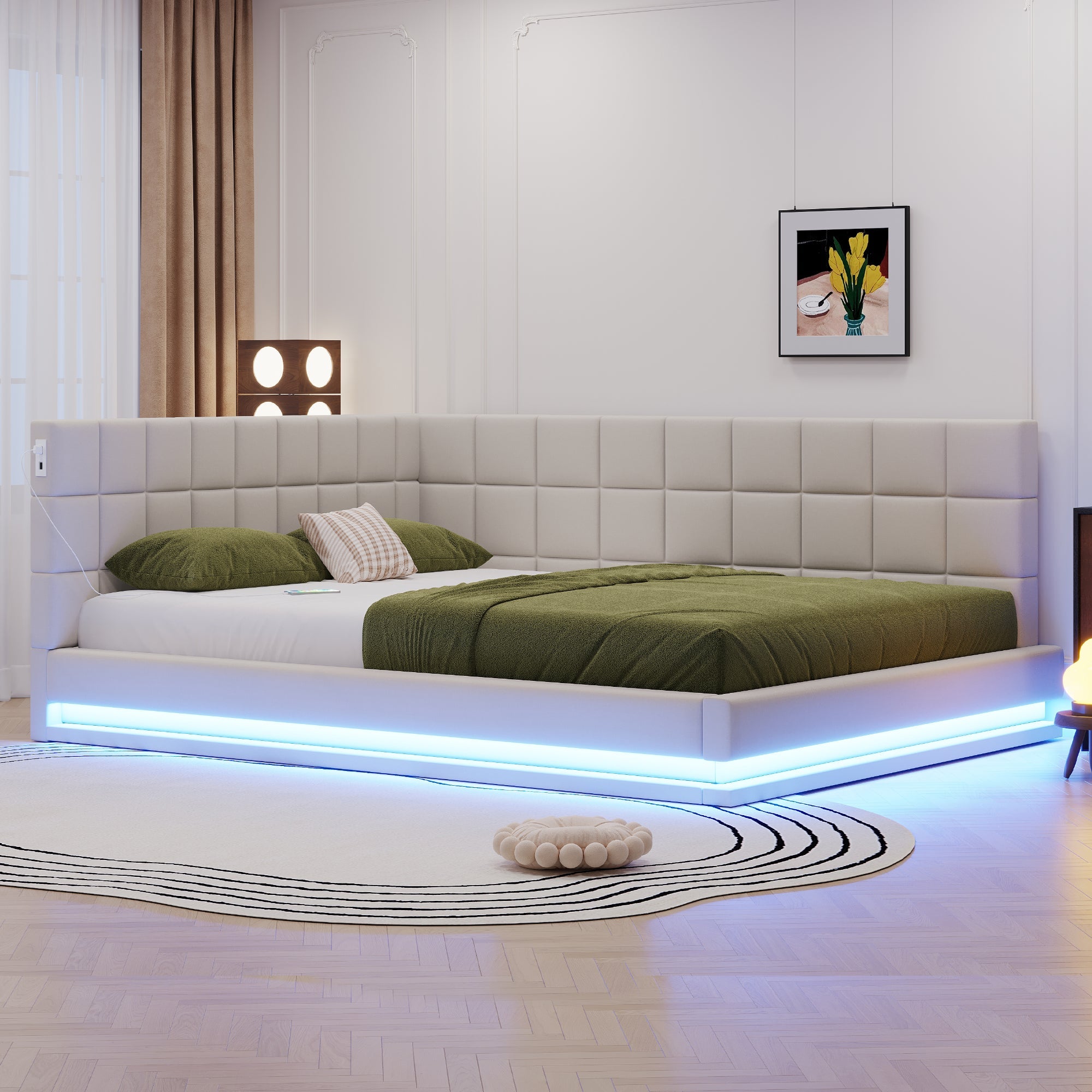Upholstered Sofa Bed 160x200cm Multifunctional LED USB Slatted Frame - Velvet Beige