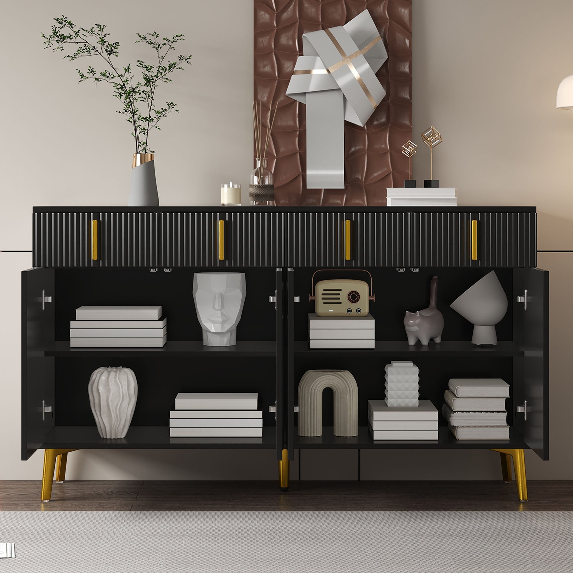 Sideboard, 4 Doors 4 Drawers, Gold Accents