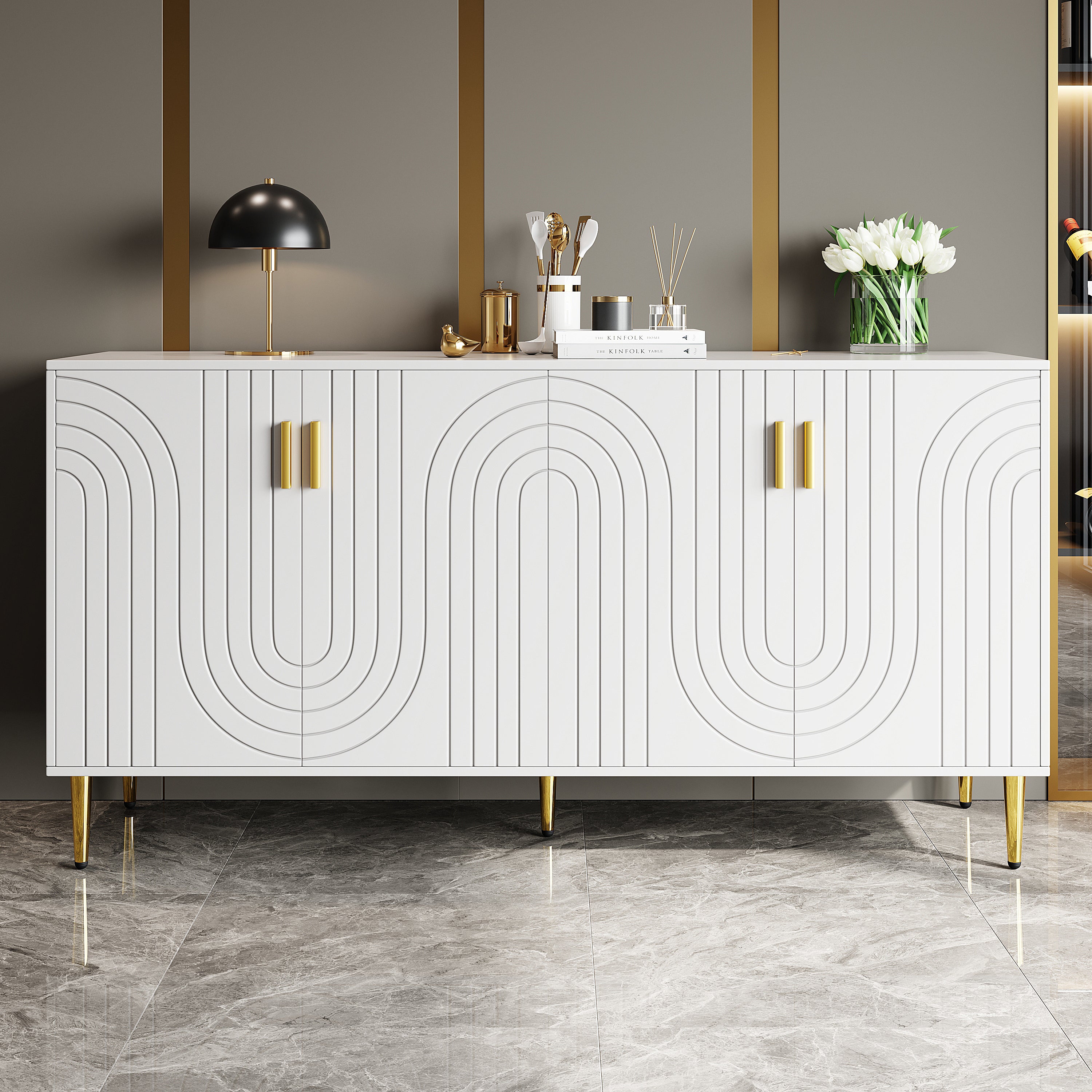 Sideboard, Wave Design with Gold Handles & Feet, White