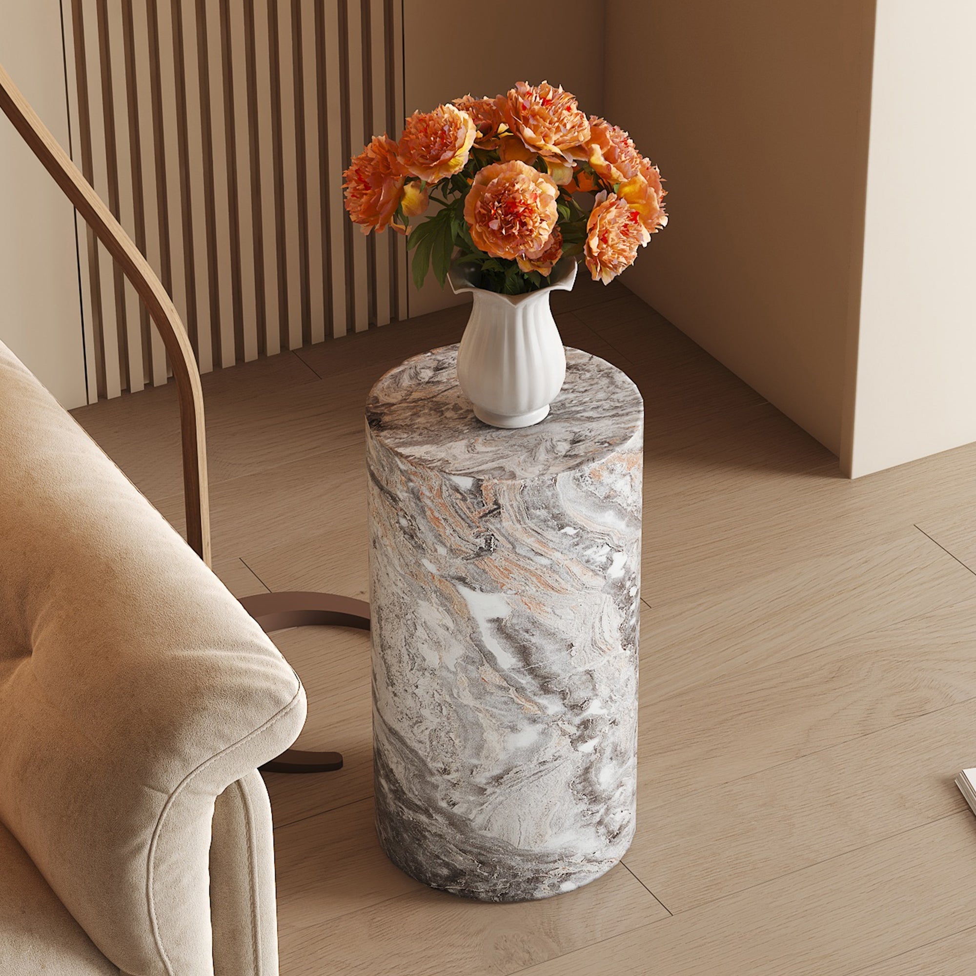 Coffee Table Round MDF Minimalist Design Small Side Table Grey Marble Look