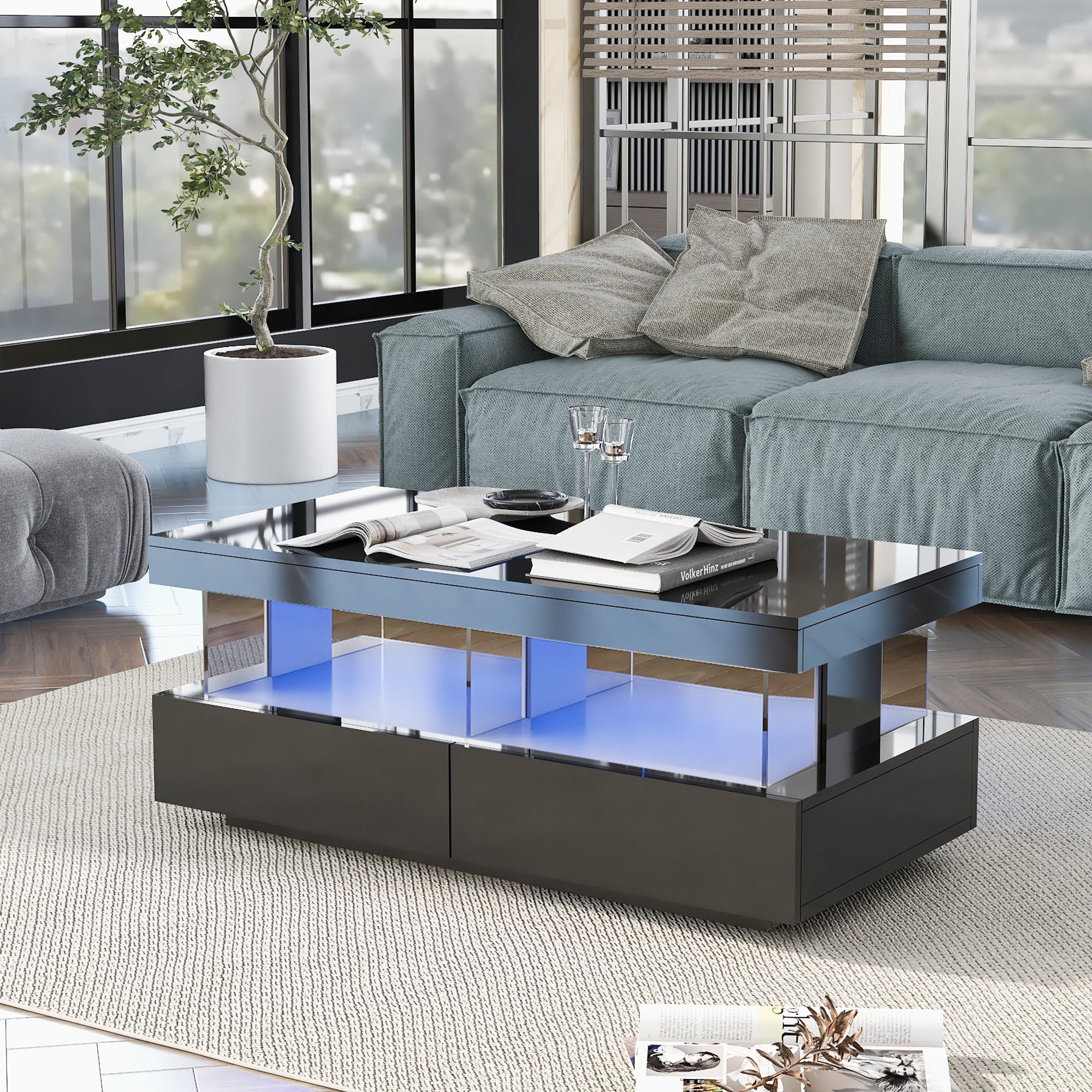 Coffee Table High Gloss with 16-Color LED Lights, 2 Drawers, Open Storage, Black