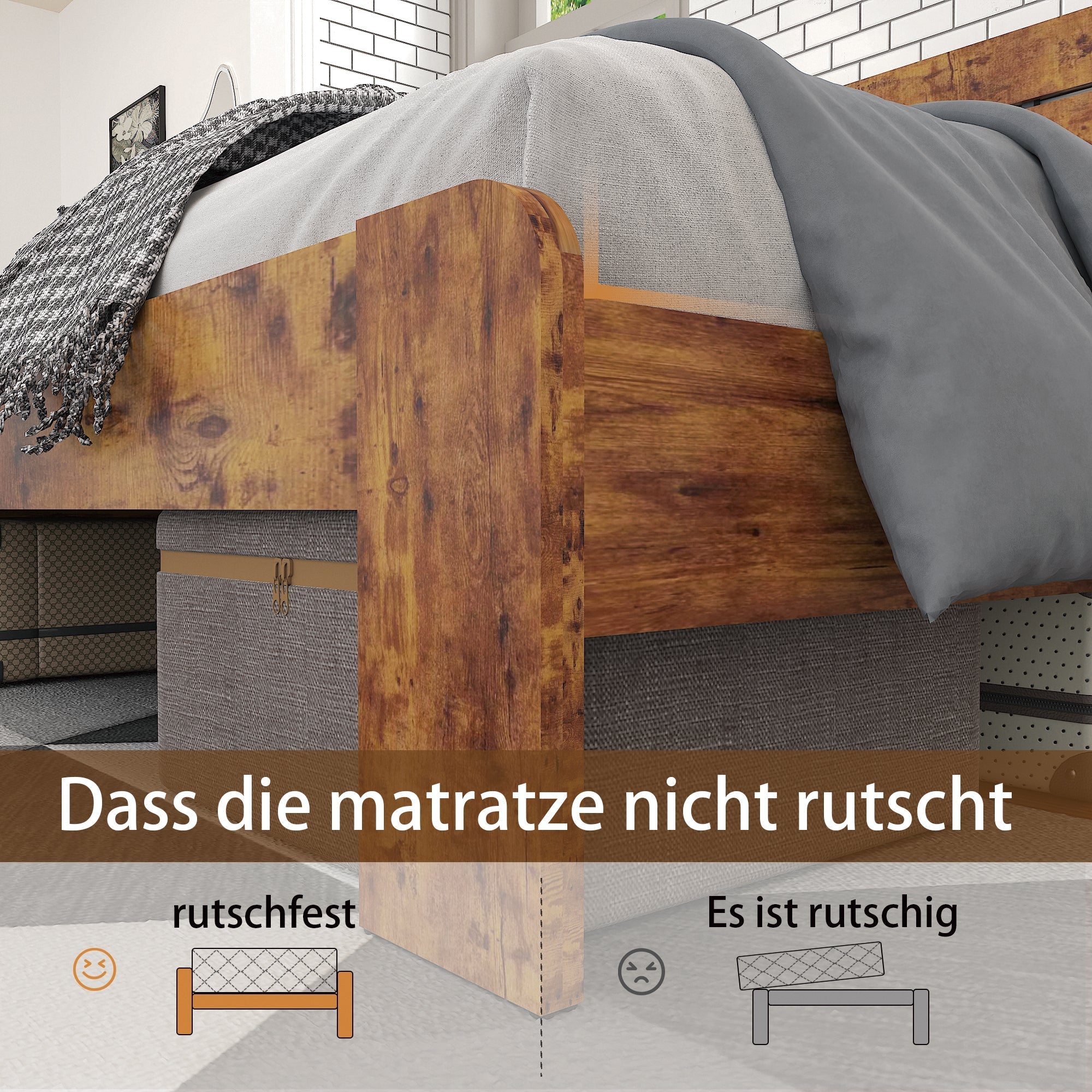 Wooden Double Bed 160x200cm Antique Frame High Headboard, Wood/Iron