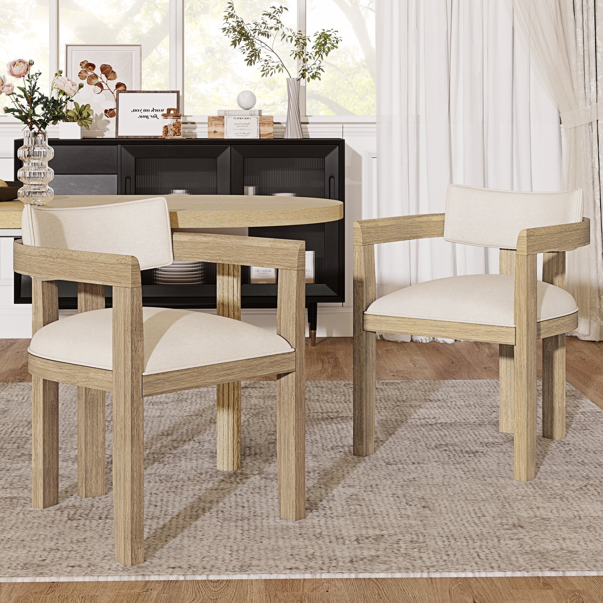 2 Solid Wood Dining Chairs Comfortable Modern Style Linen Fabric Natural Color